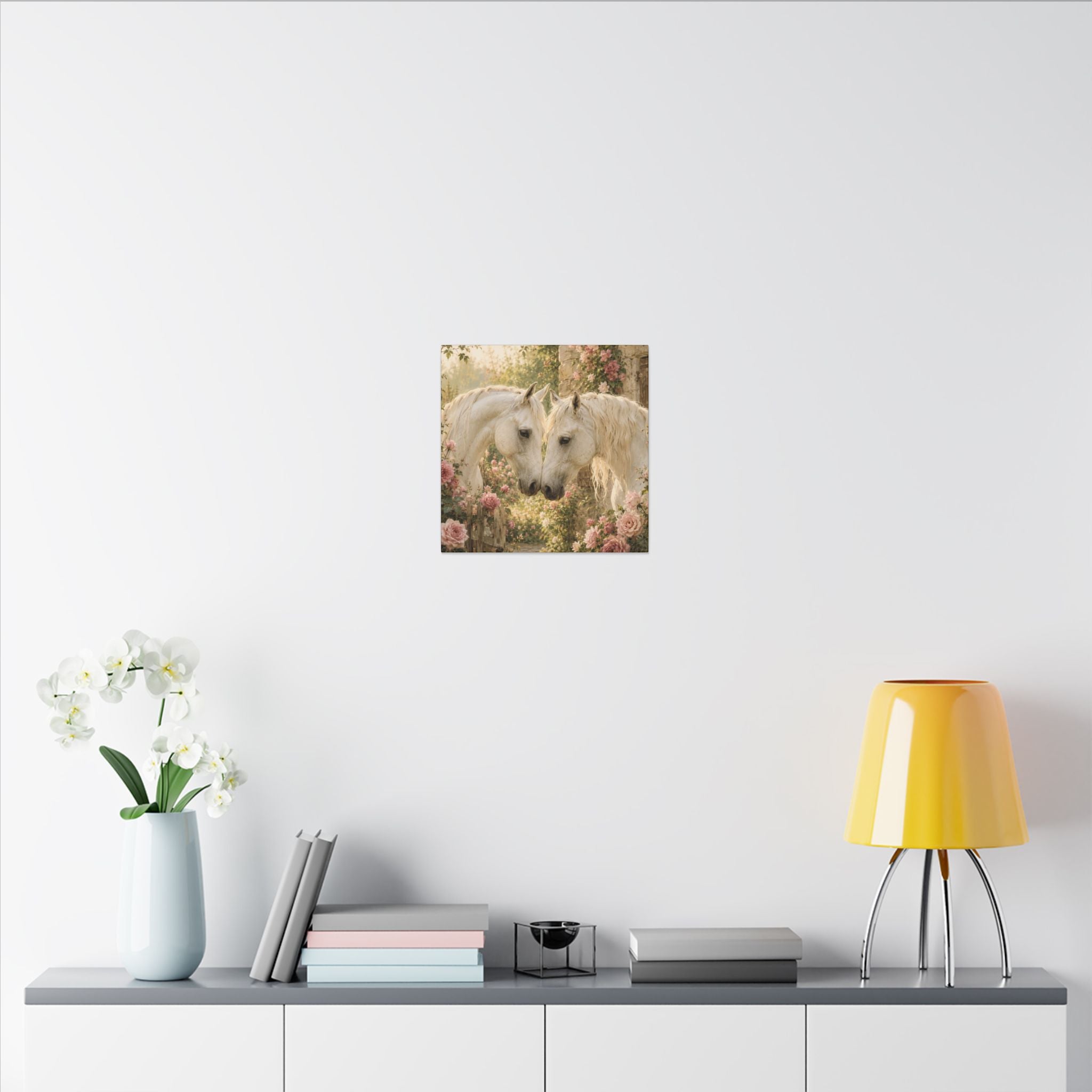 Romantic White Horses Canvas Wall Art — Floral Garden Horse Print