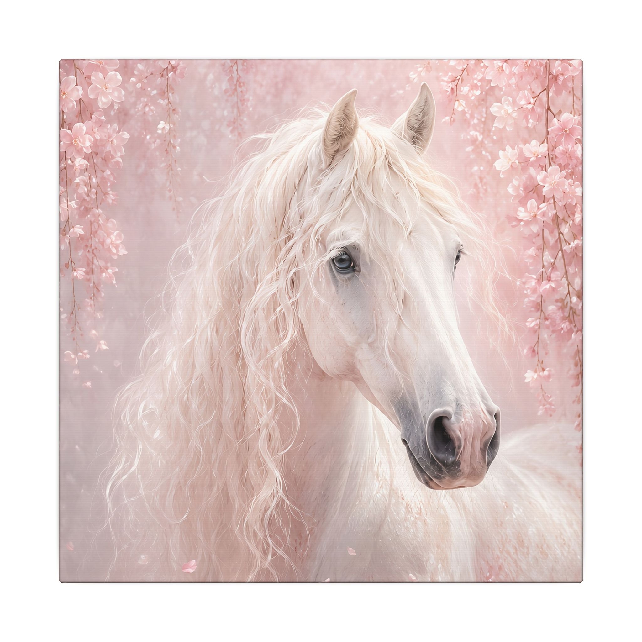 White Horse Canvas Wall Art — Romantic Pink Floral Unicorn-Style Print