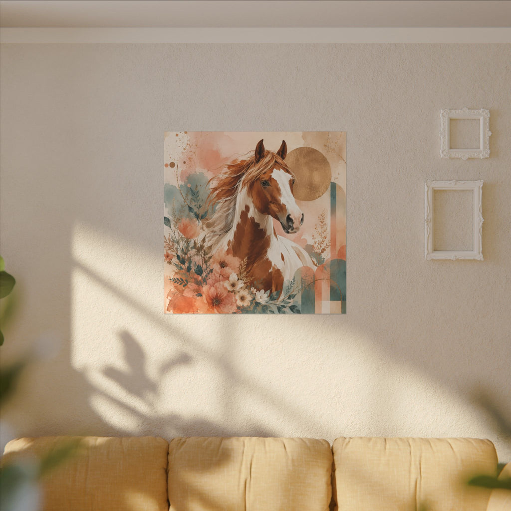 Painted Pinto Horse Canvas Wall Art — Boho Floral Equestrian Decor