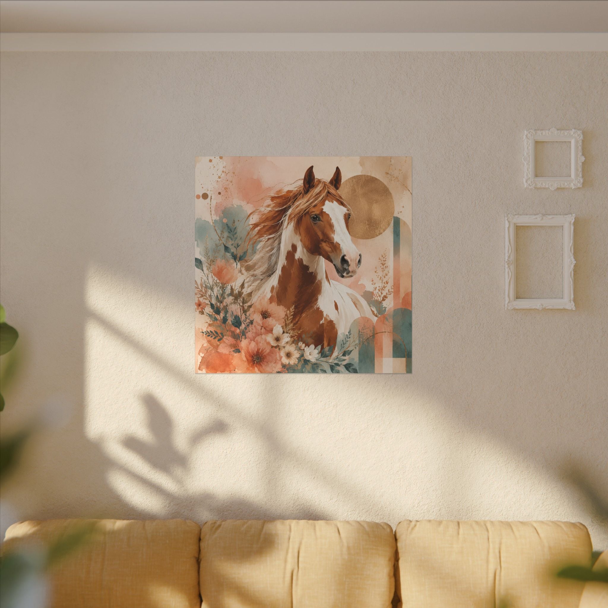 Painted Pinto Horse Canvas Wall Art — Boho Floral Equestrian Decor