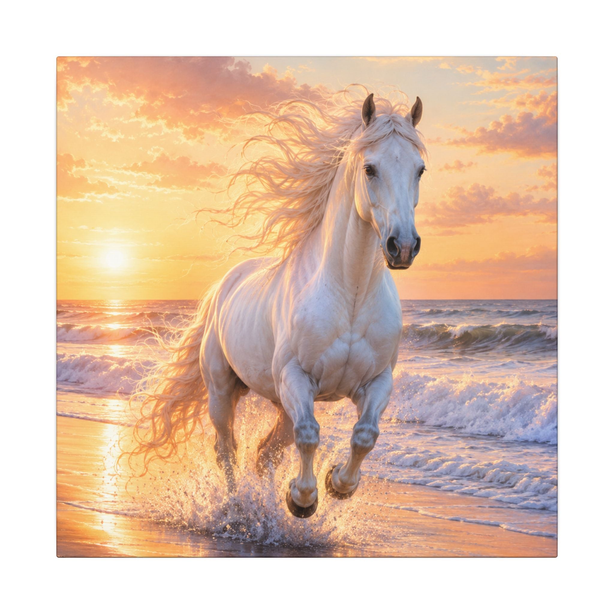 White Horse on Beach Canvas Print — Sunset Seaside Wall Art