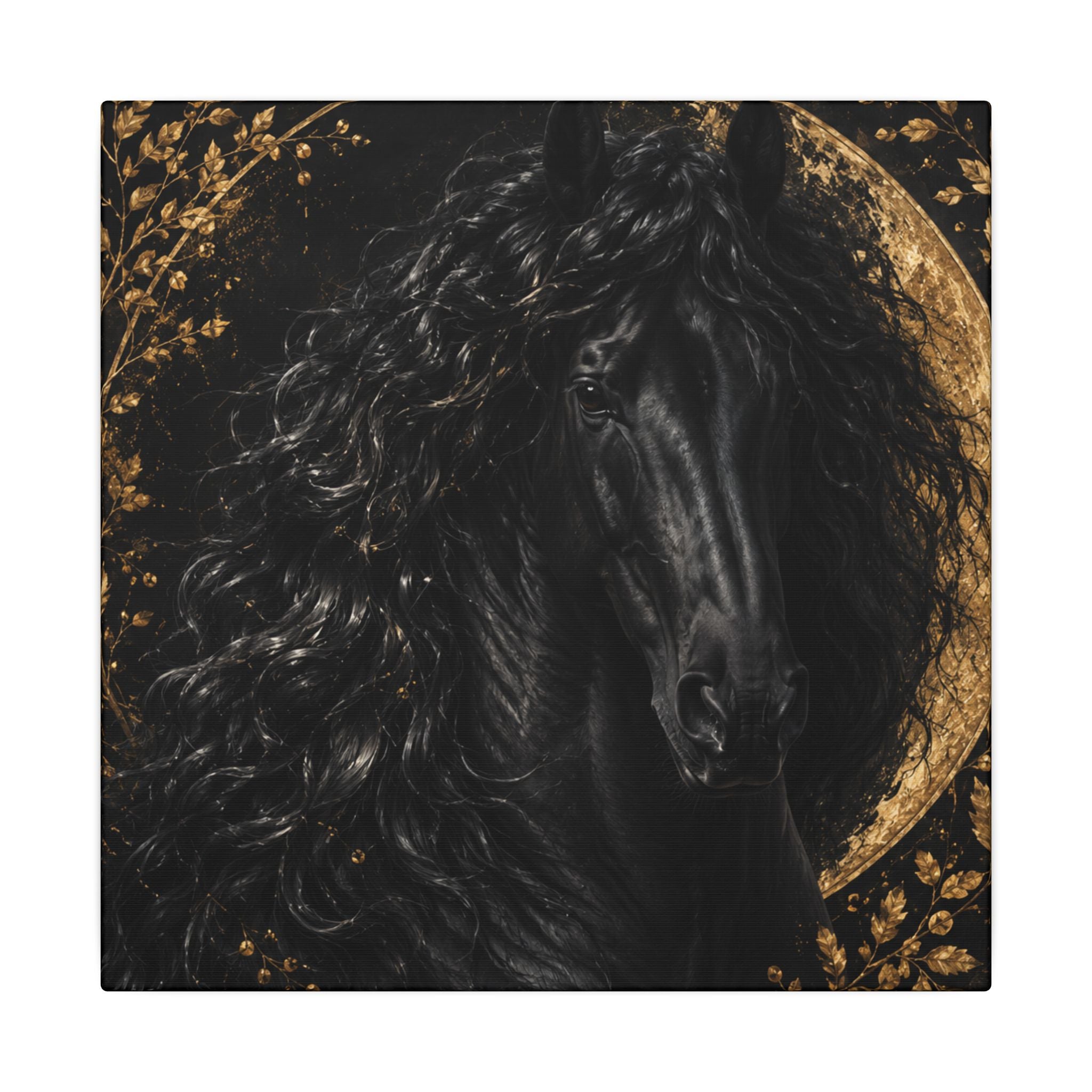 Black Stallion Canvas Print — Elegant Horse Wall Art with Gold Moon