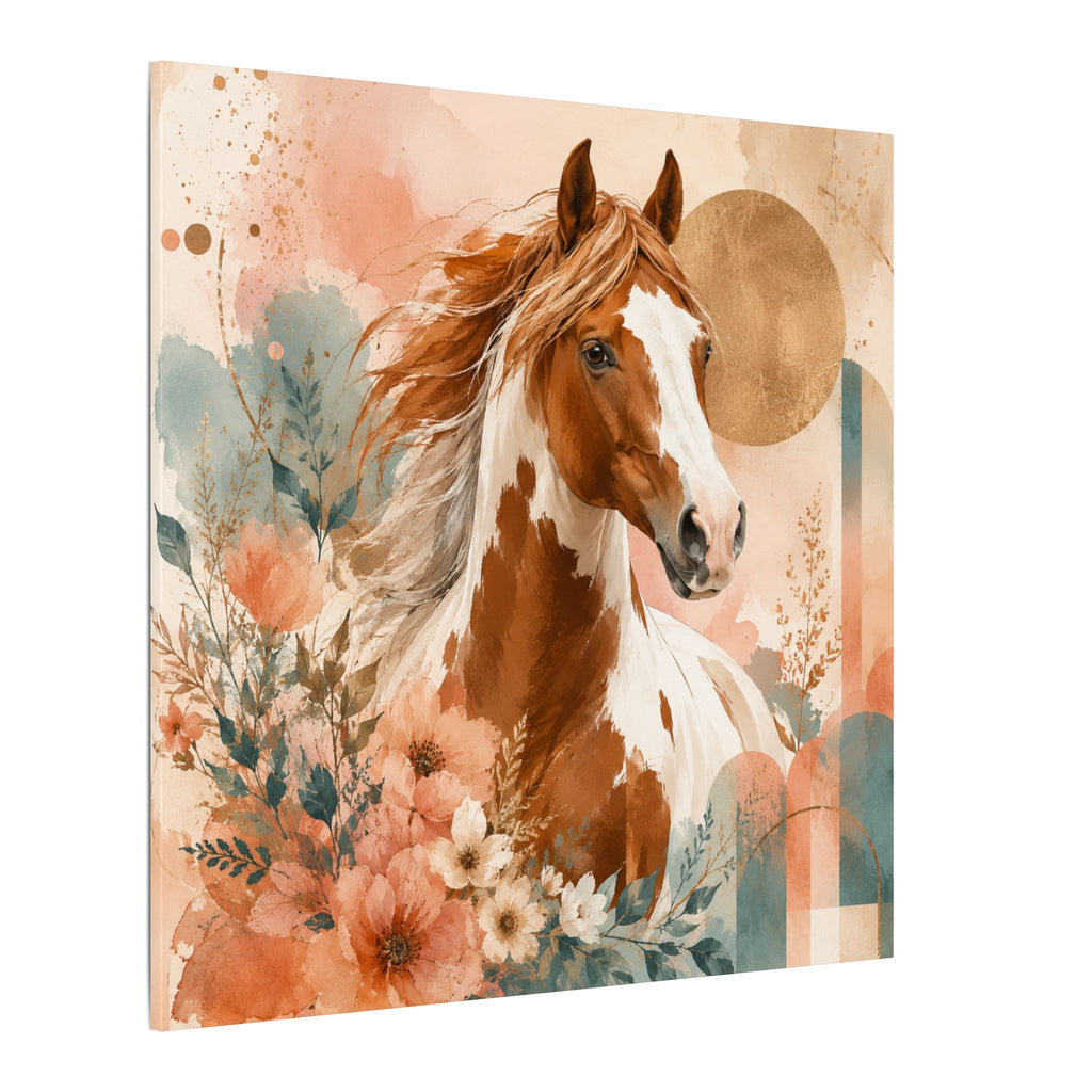Painted Pinto Horse Canvas Wall Art — Boho Floral Equestrian Decor