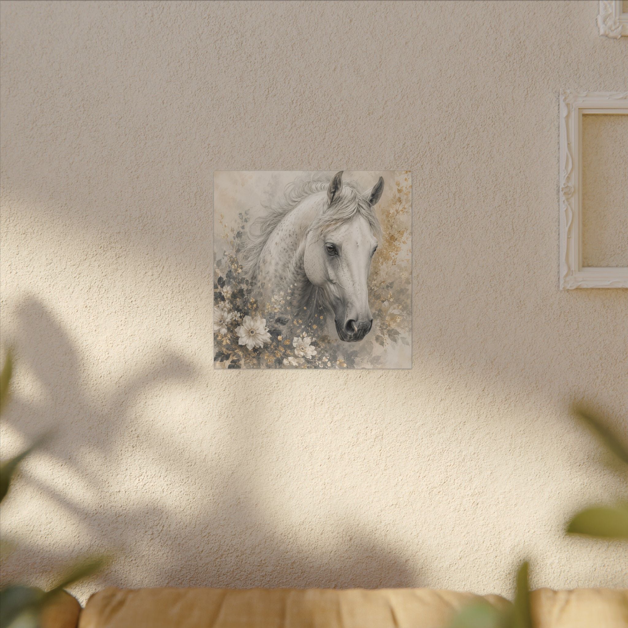 White Horse Floral Canvas Wall Art — Matte Stretched Horse Portrait