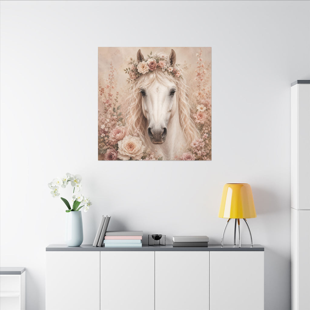 Floral White Horse Matte Canvas Wall Art