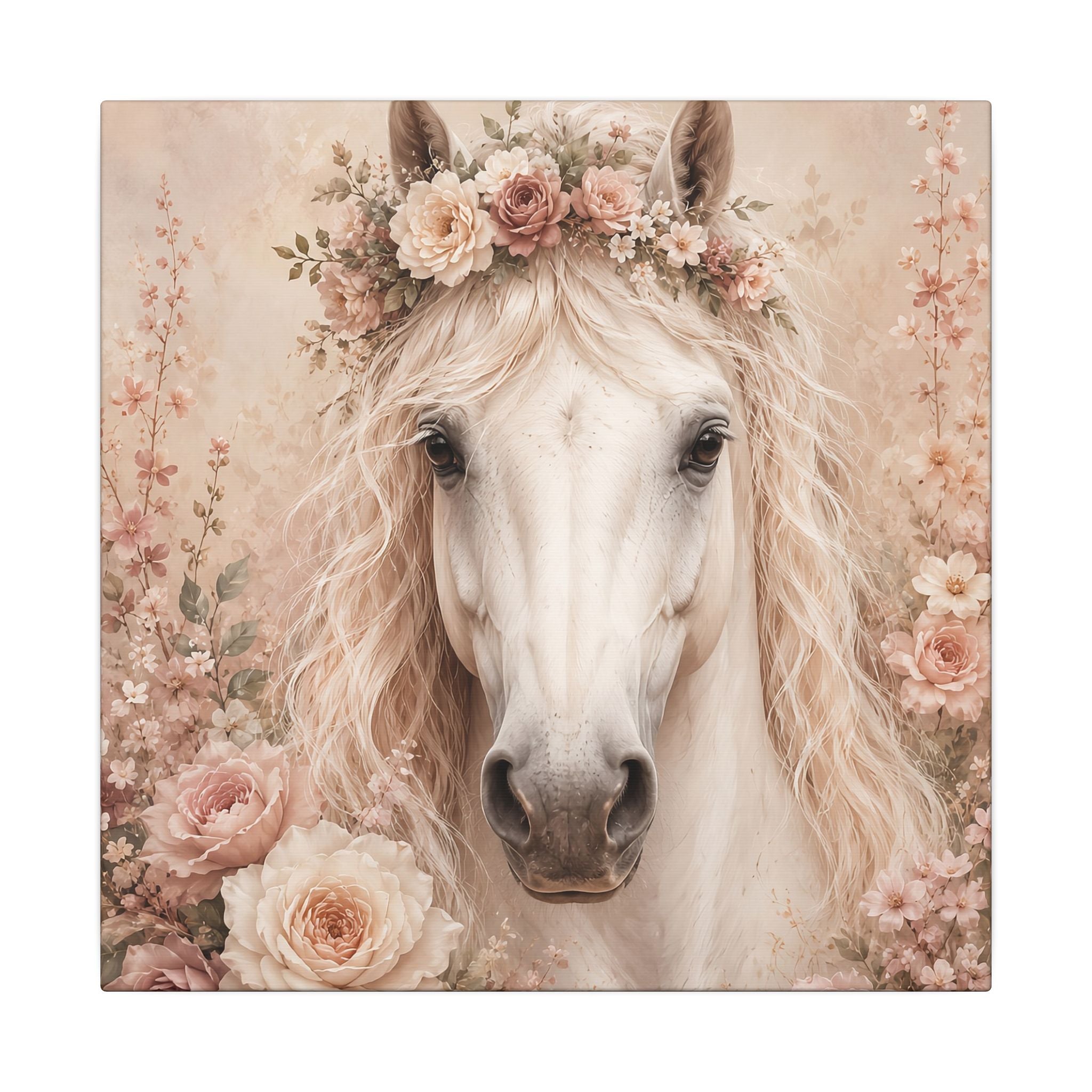 Floral White Horse Matte Canvas Wall Art