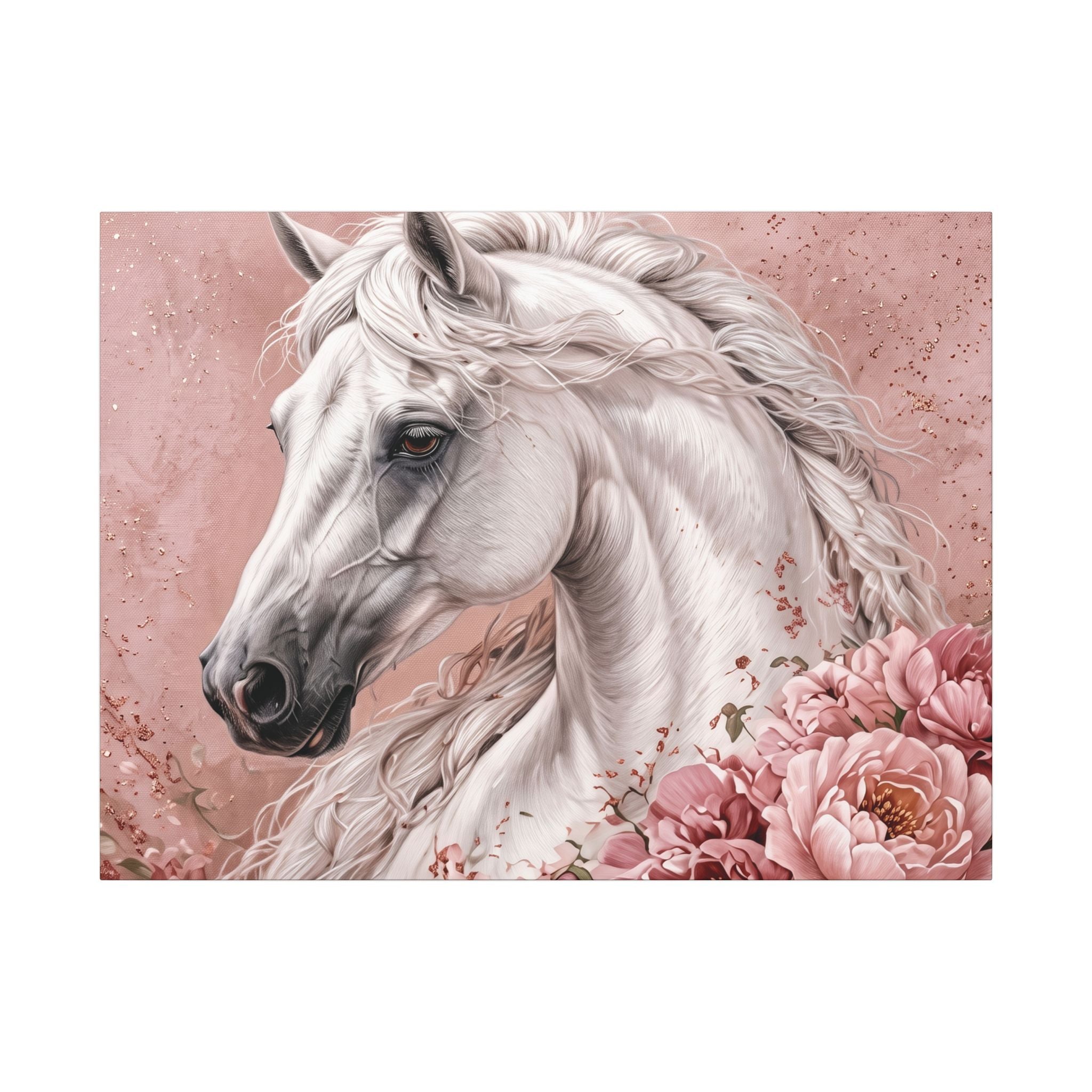 White Horse Floral Canvas Wall Art — Matte Stretched Horse Portrait