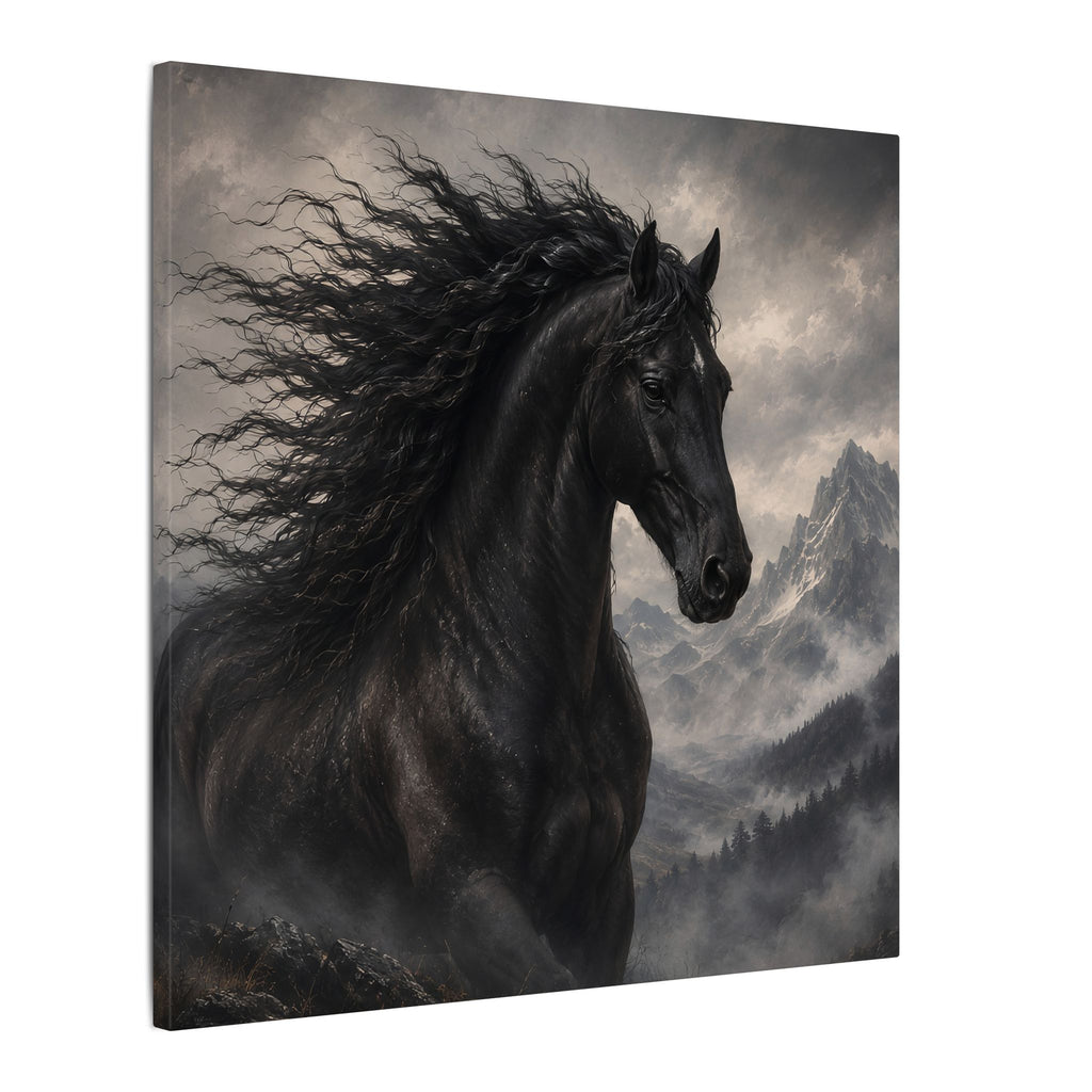 Majestic Black Horse Matte Canvas Wall Art — Dramatic Mountain Stallion Print