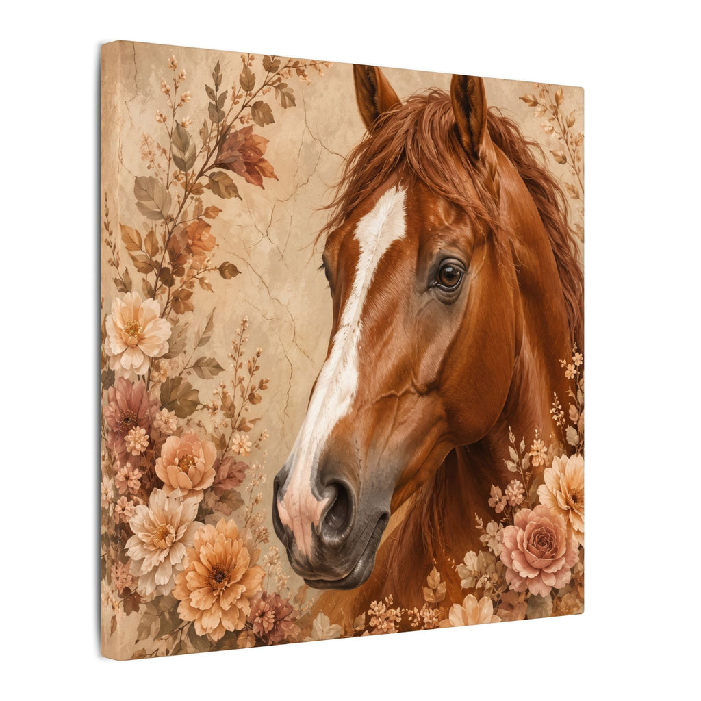 Chestnut Horse Portrait Canvas Wall Art — Floral Rustic Equestrian Decor