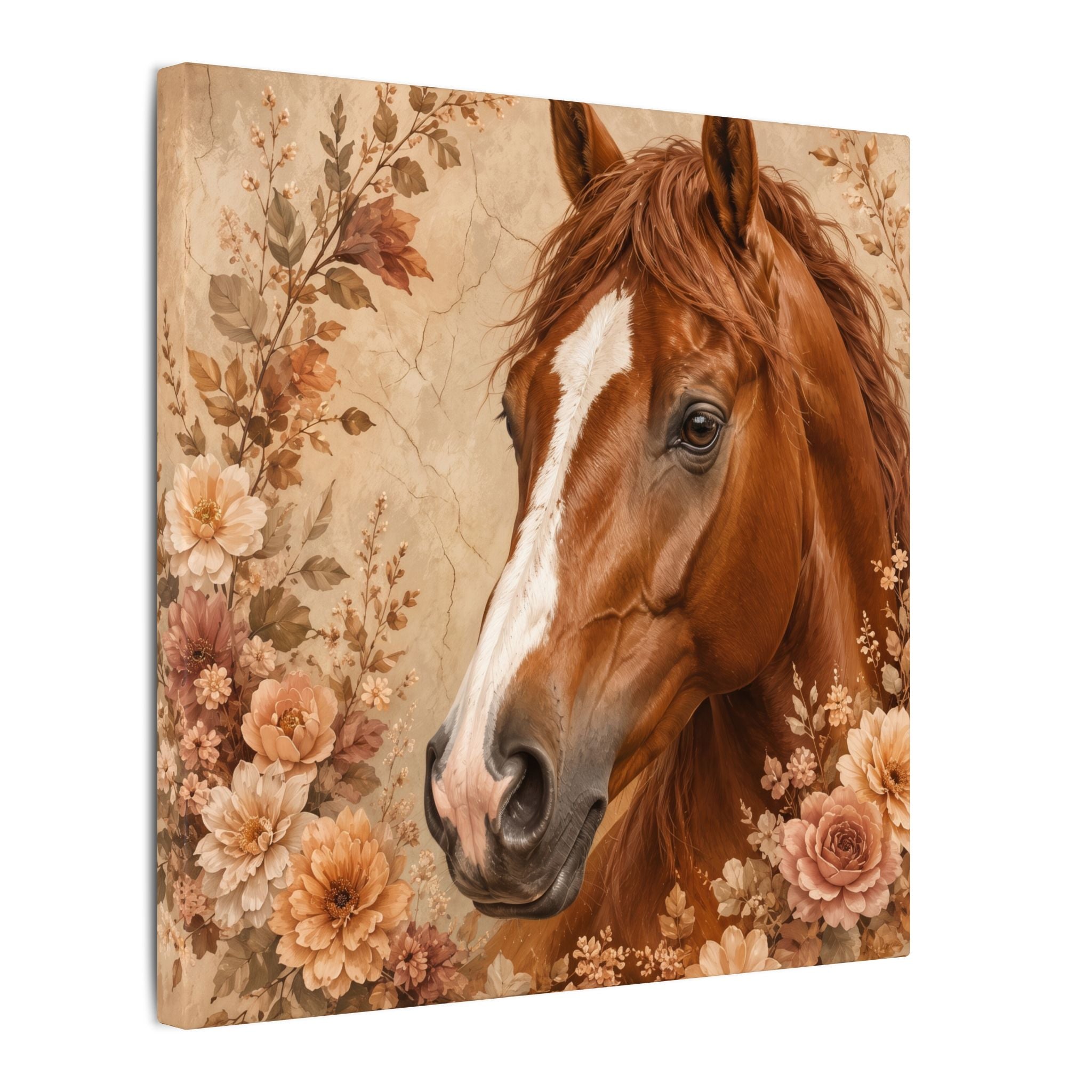 Chestnut Horse Portrait Canvas Wall Art — Floral Rustic Equestrian Decor
