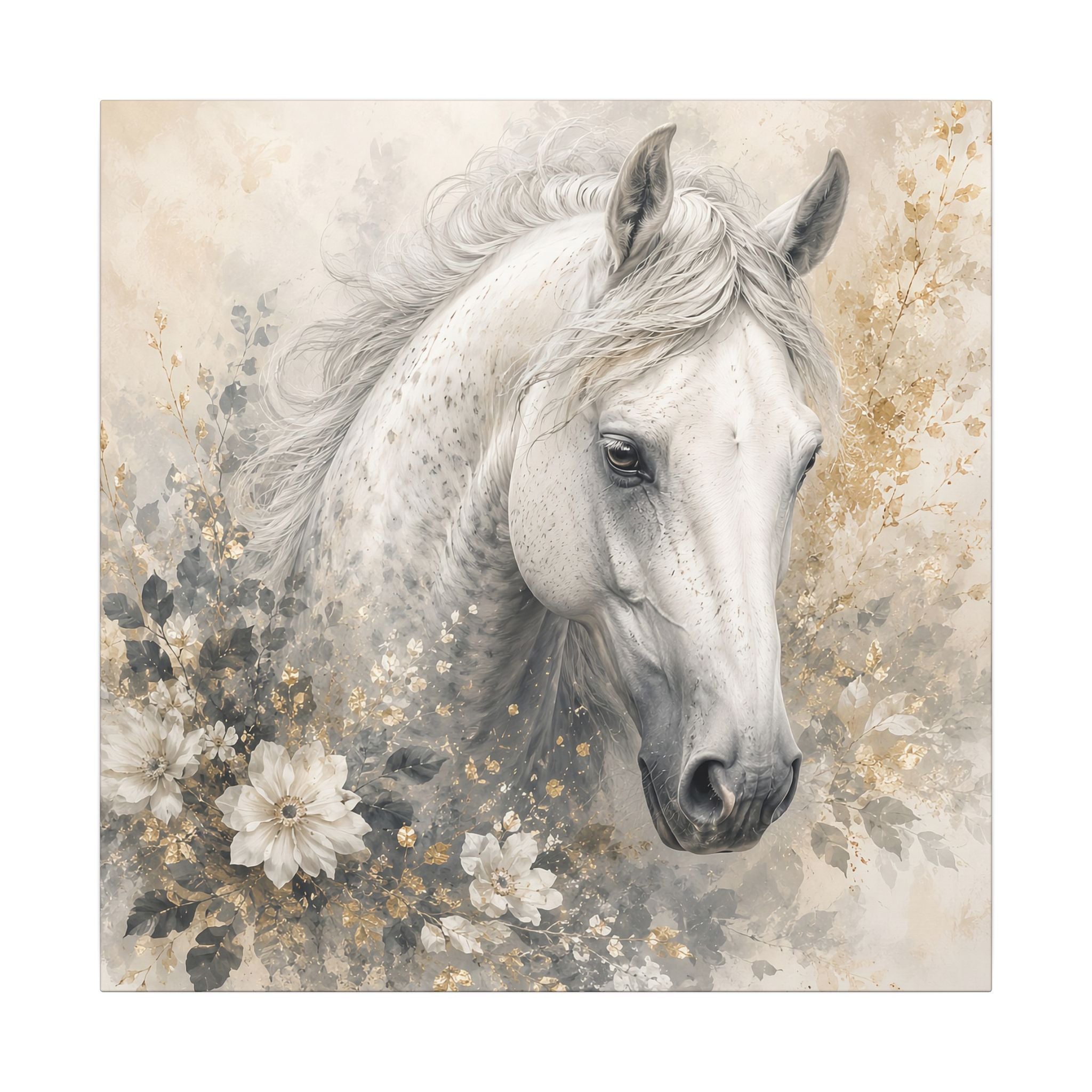 White Horse Floral Canvas Wall Art — Matte Stretched Horse Portrait