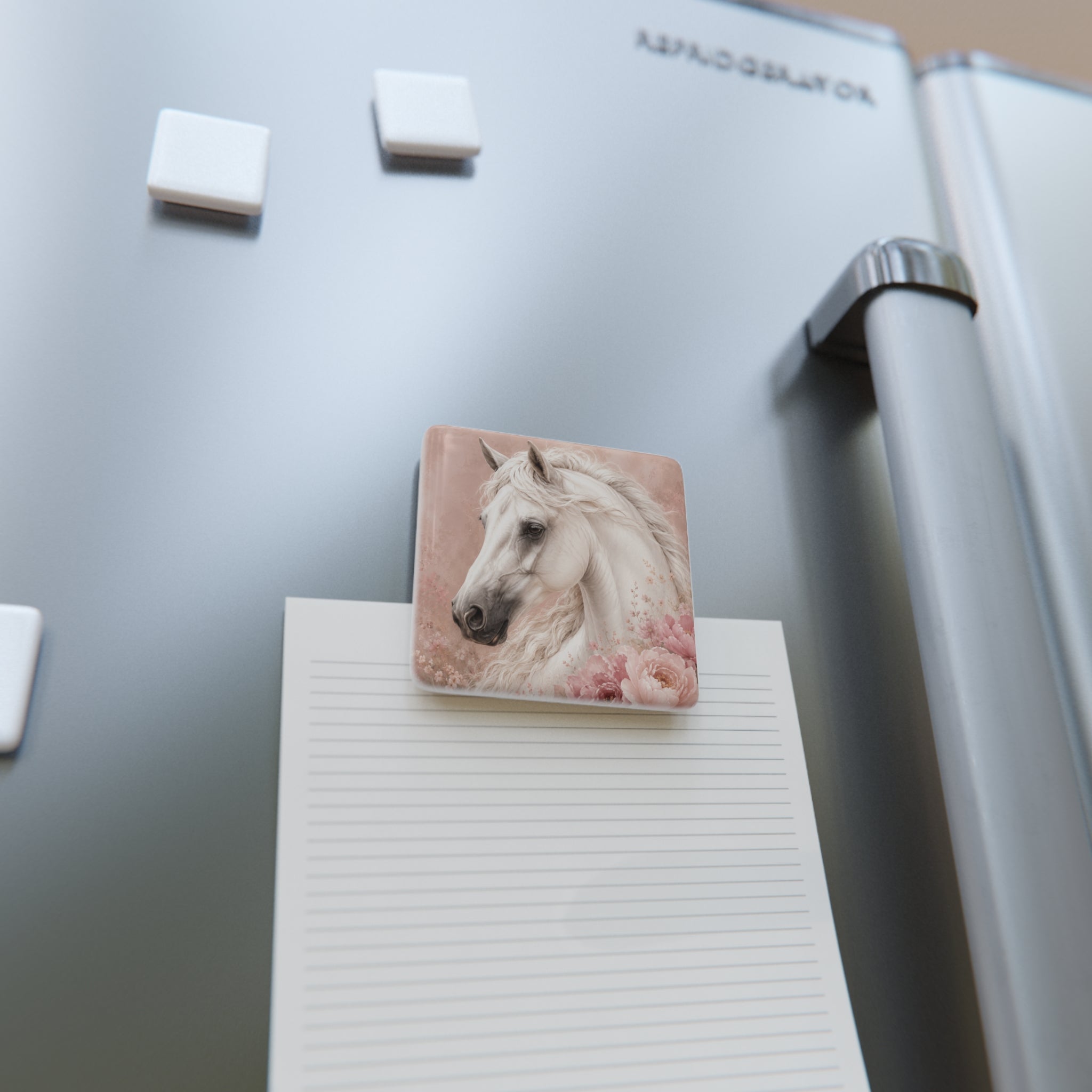 White Horse Floral Porcelain Magnet — Square Decorative Fridge Magnet