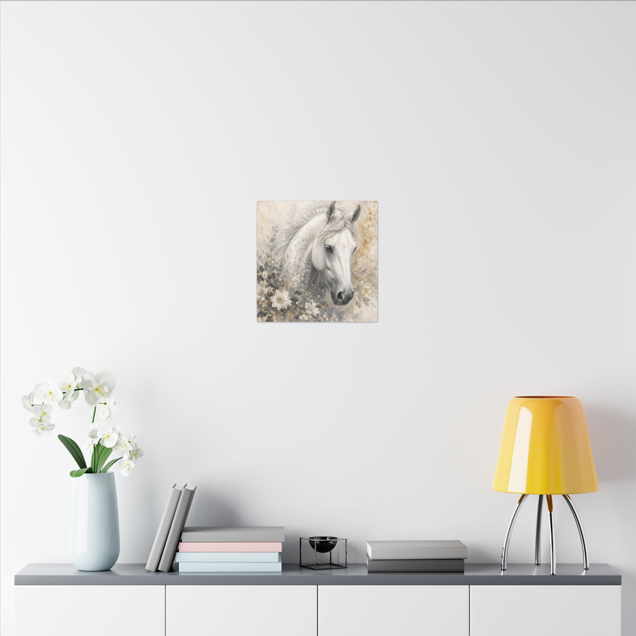 White Horse Floral Canvas Wall Art — Matte Stretched Horse Portrait