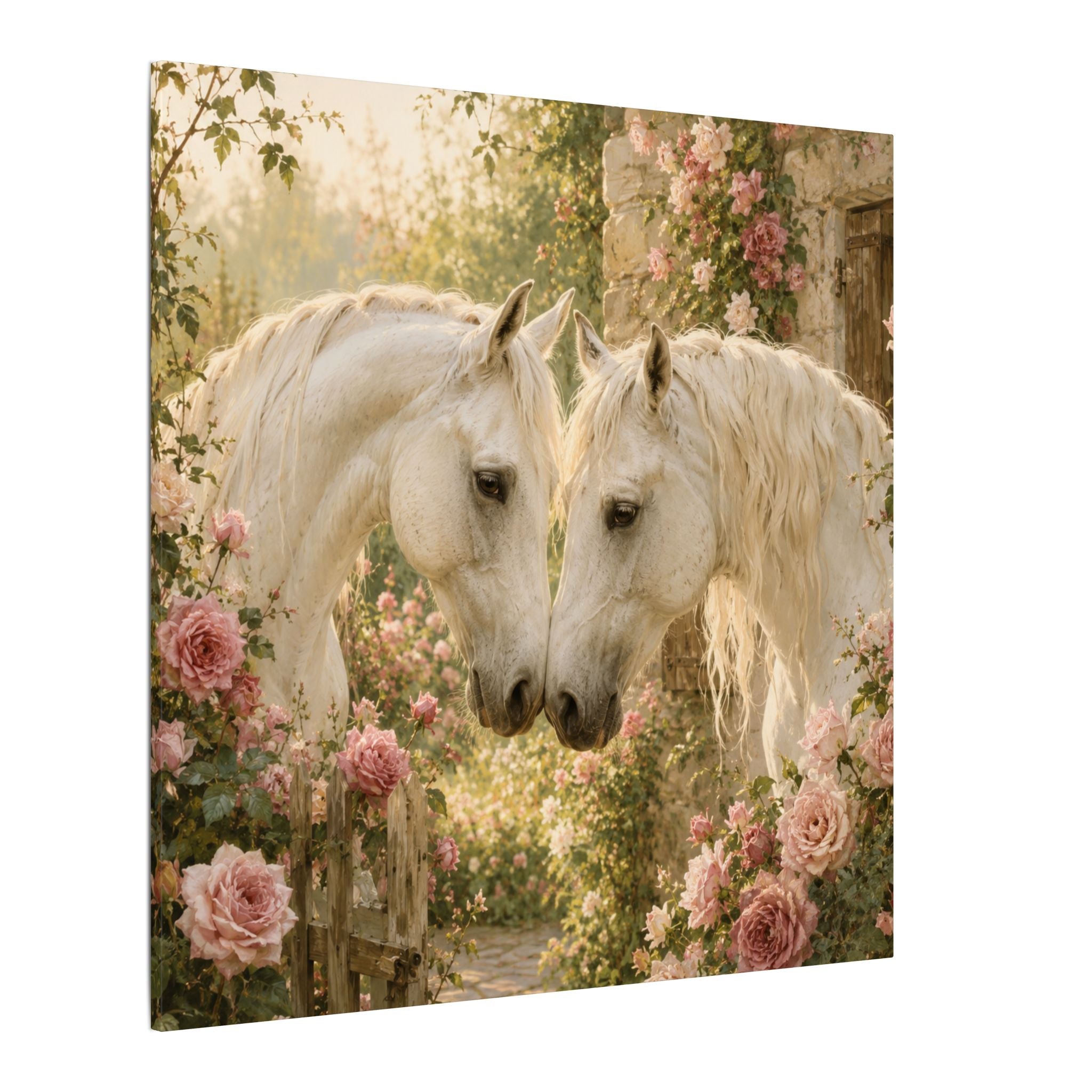 Romantic White Horses Canvas Wall Art — Floral Garden Horse Print