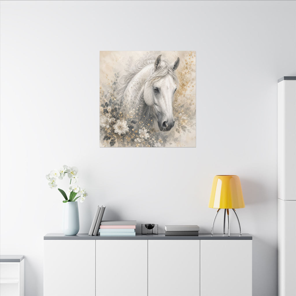 White Horse Floral Canvas Wall Art — Matte Stretched Horse Portrait
