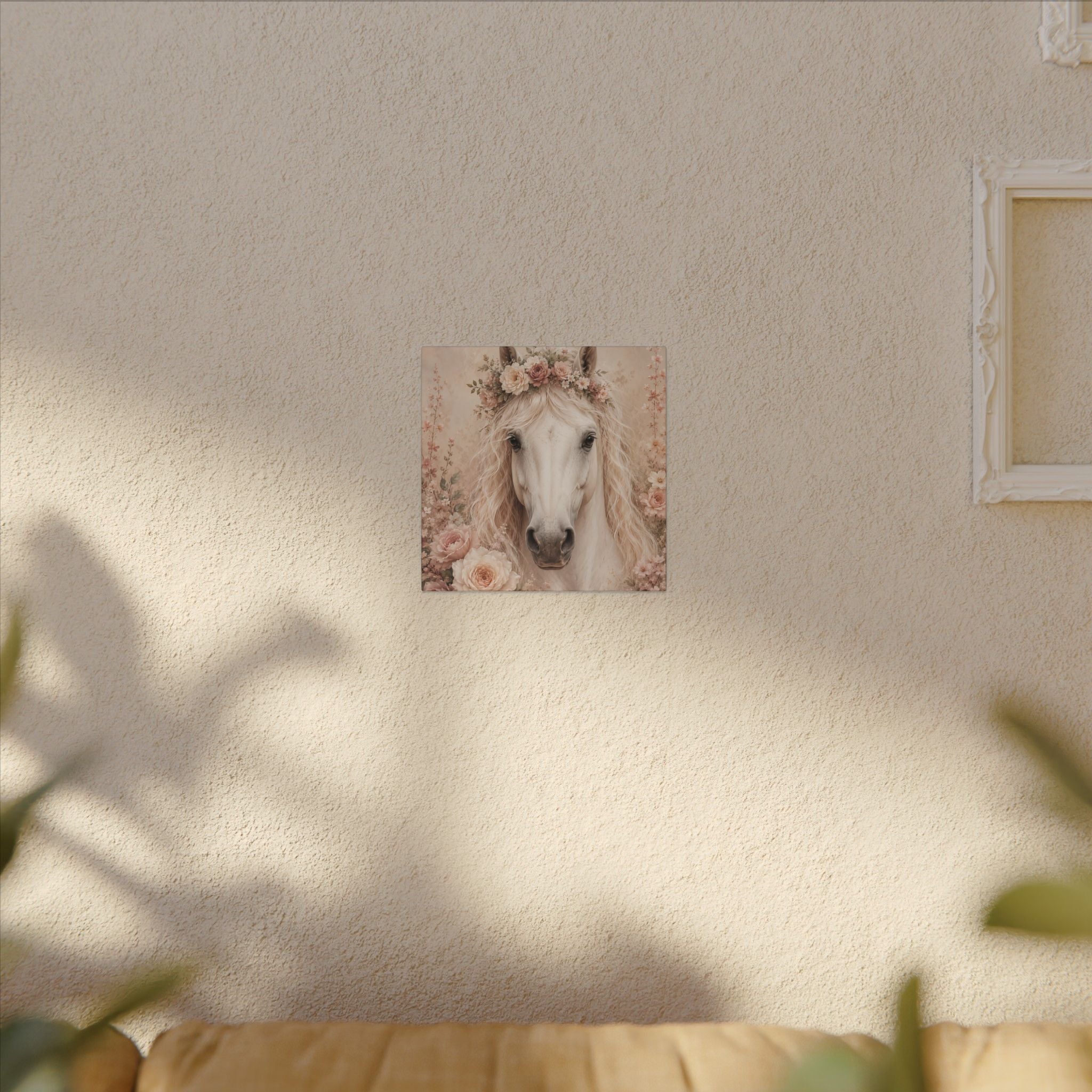 Floral White Horse Matte Canvas Wall Art