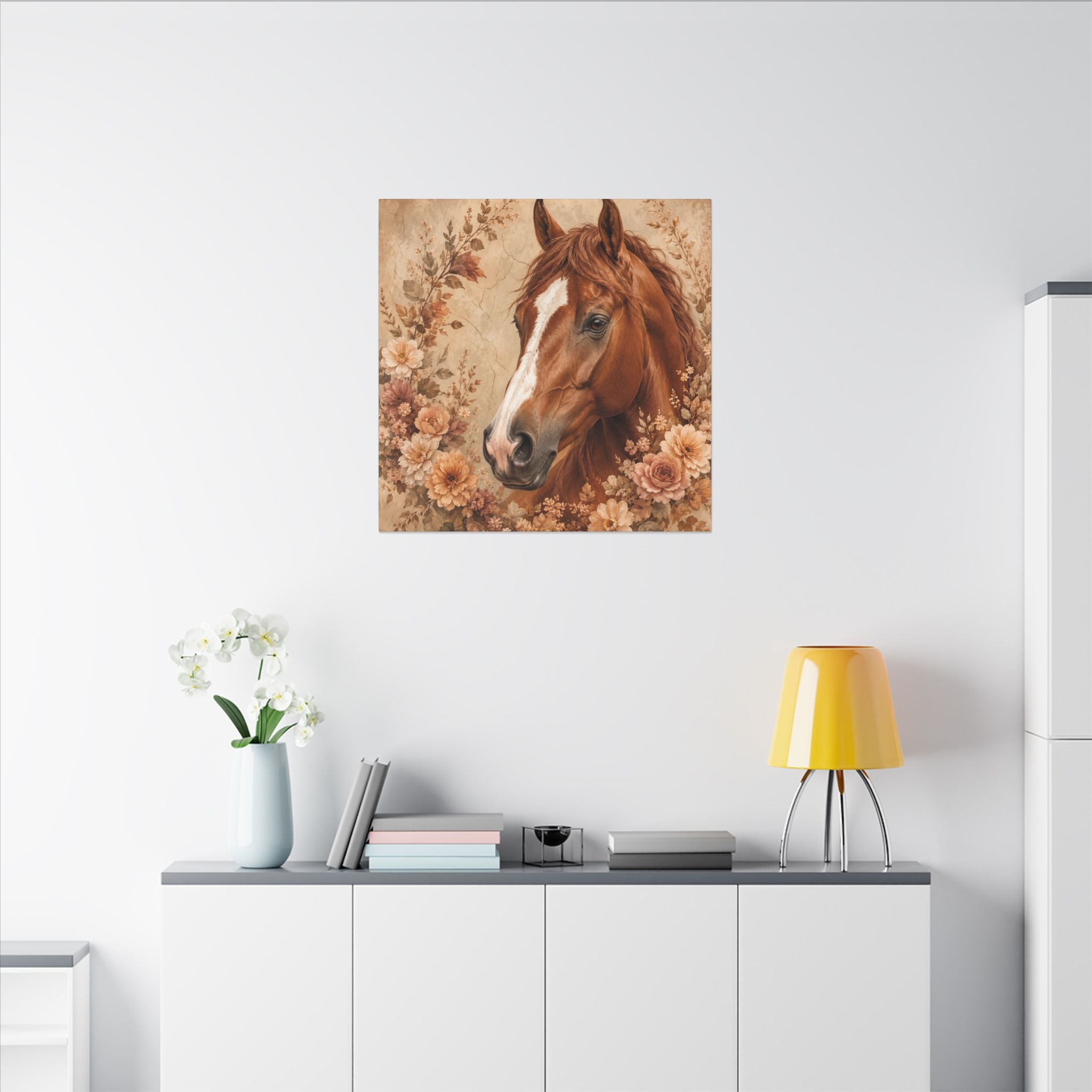 Chestnut Horse Portrait Canvas Wall Art — Floral Rustic Equestrian Decor