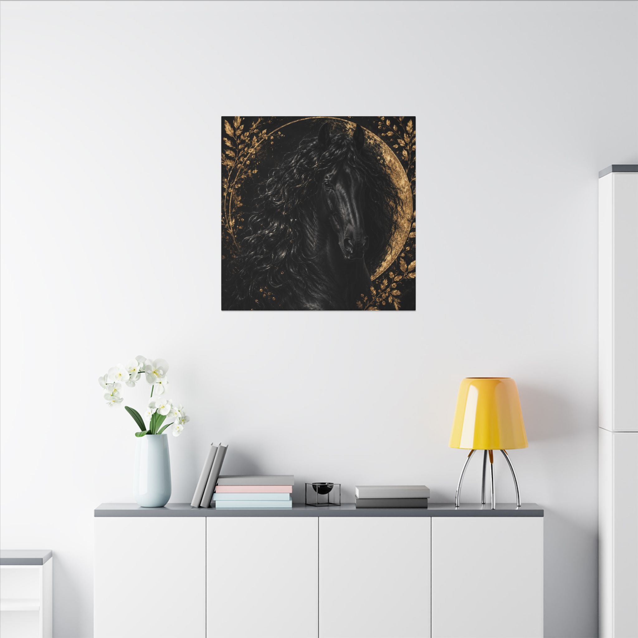 Black Stallion Canvas Print — Elegant Horse Wall Art with Gold Moon