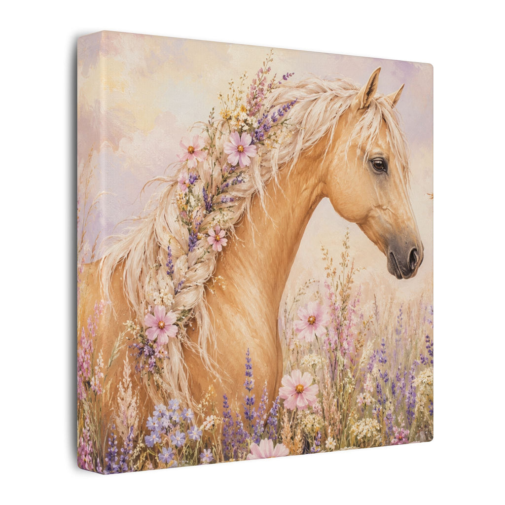 Palomino Horse Canvas Wall Art — Floral Meadow Matte Stretched Canvas
