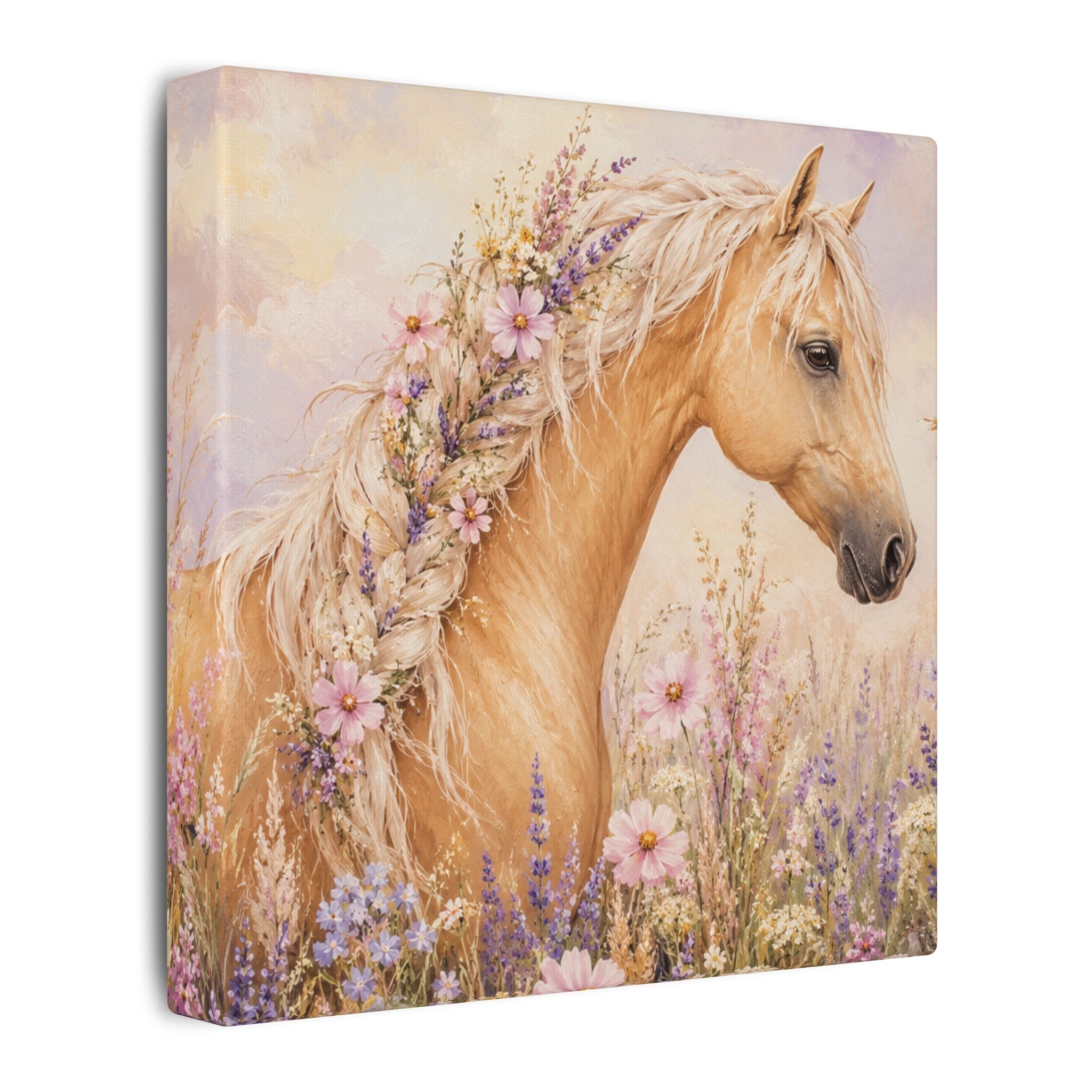 Palomino Horse Canvas Wall Art — Floral Meadow Matte Stretched Canvas