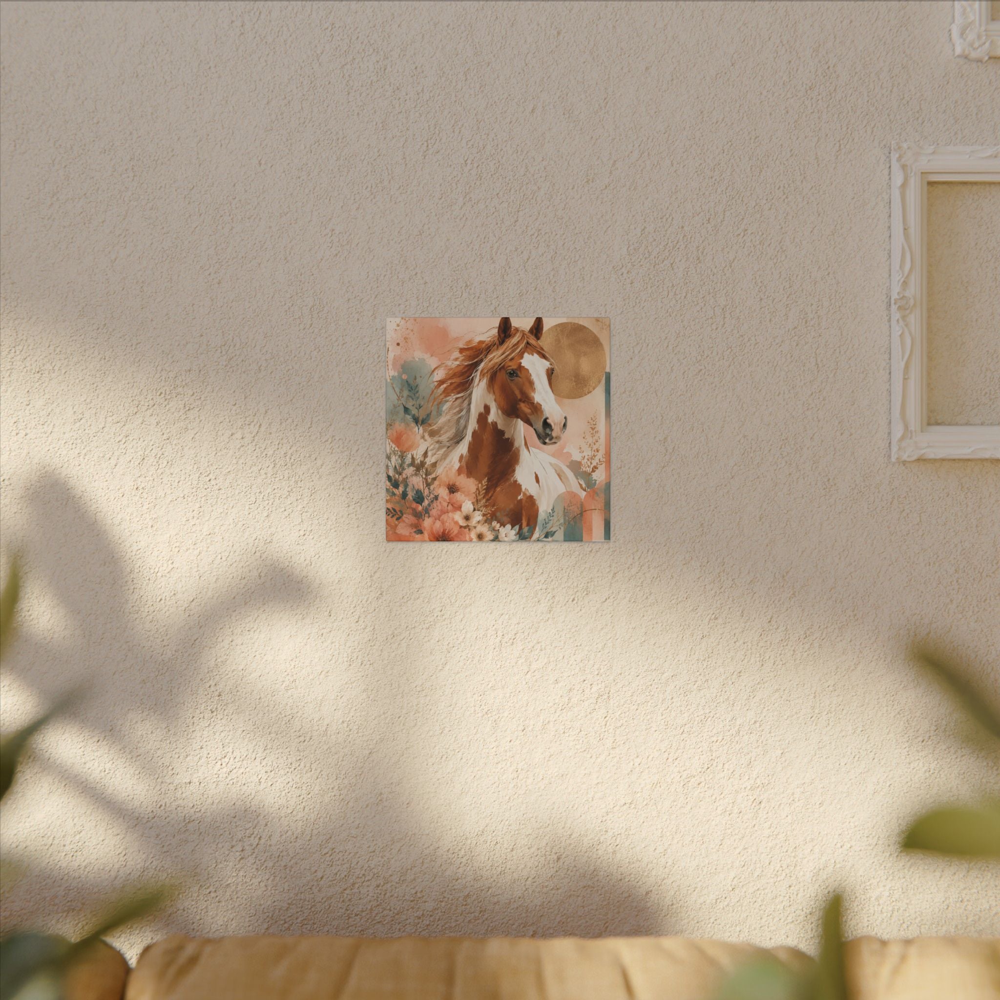 Painted Pinto Horse Canvas Wall Art — Boho Floral Equestrian Decor