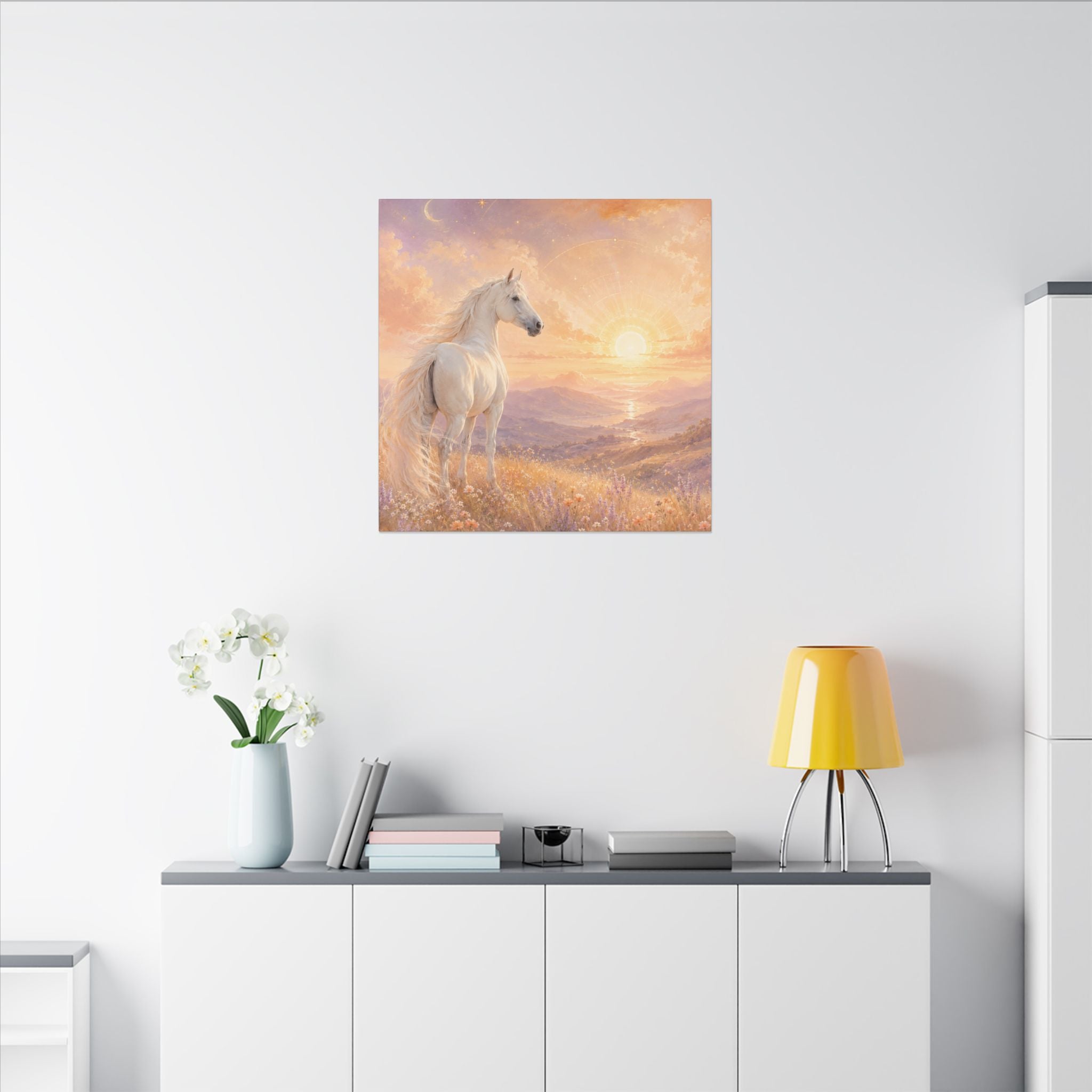 Equine Sunrise Matte Canvas Wall Art — White Horse Fantasy Landscape