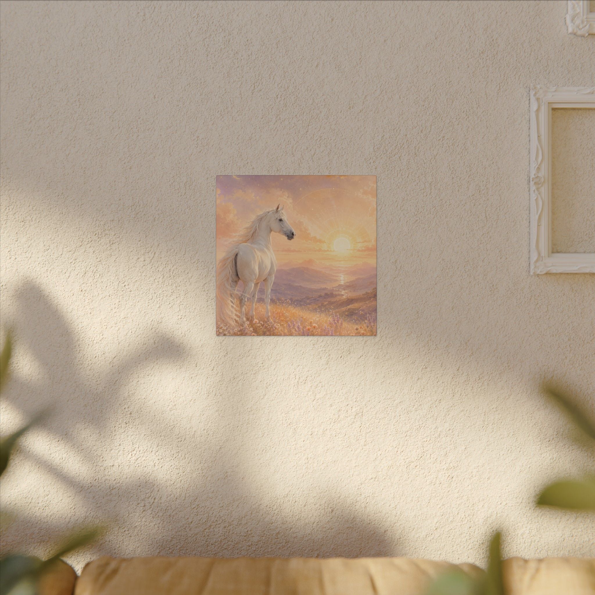 Equine Sunrise Matte Canvas Wall Art — White Horse Fantasy Landscape