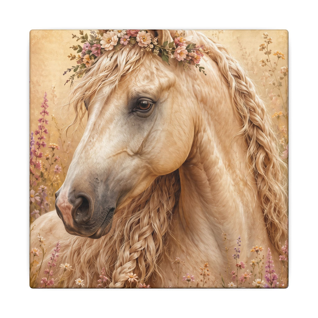 Golden Floral Horse Canvas Print — Matte Stretched Wall Art