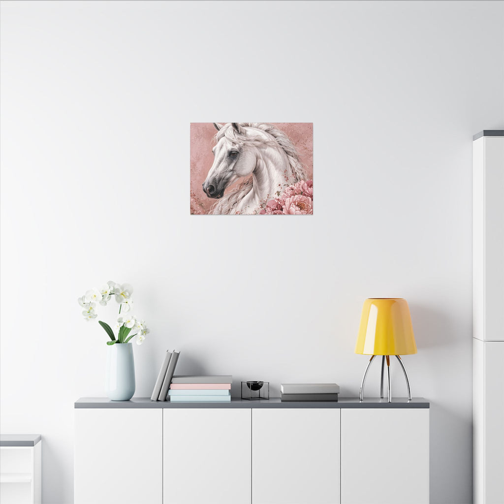 White Horse Floral Canvas Wall Art — Matte Stretched Horse Portrait