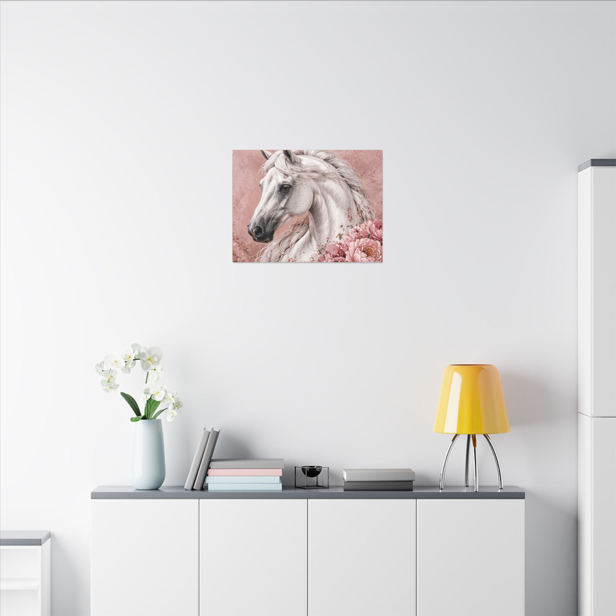 White Horse Floral Canvas Wall Art — Matte Stretched Horse Portrait