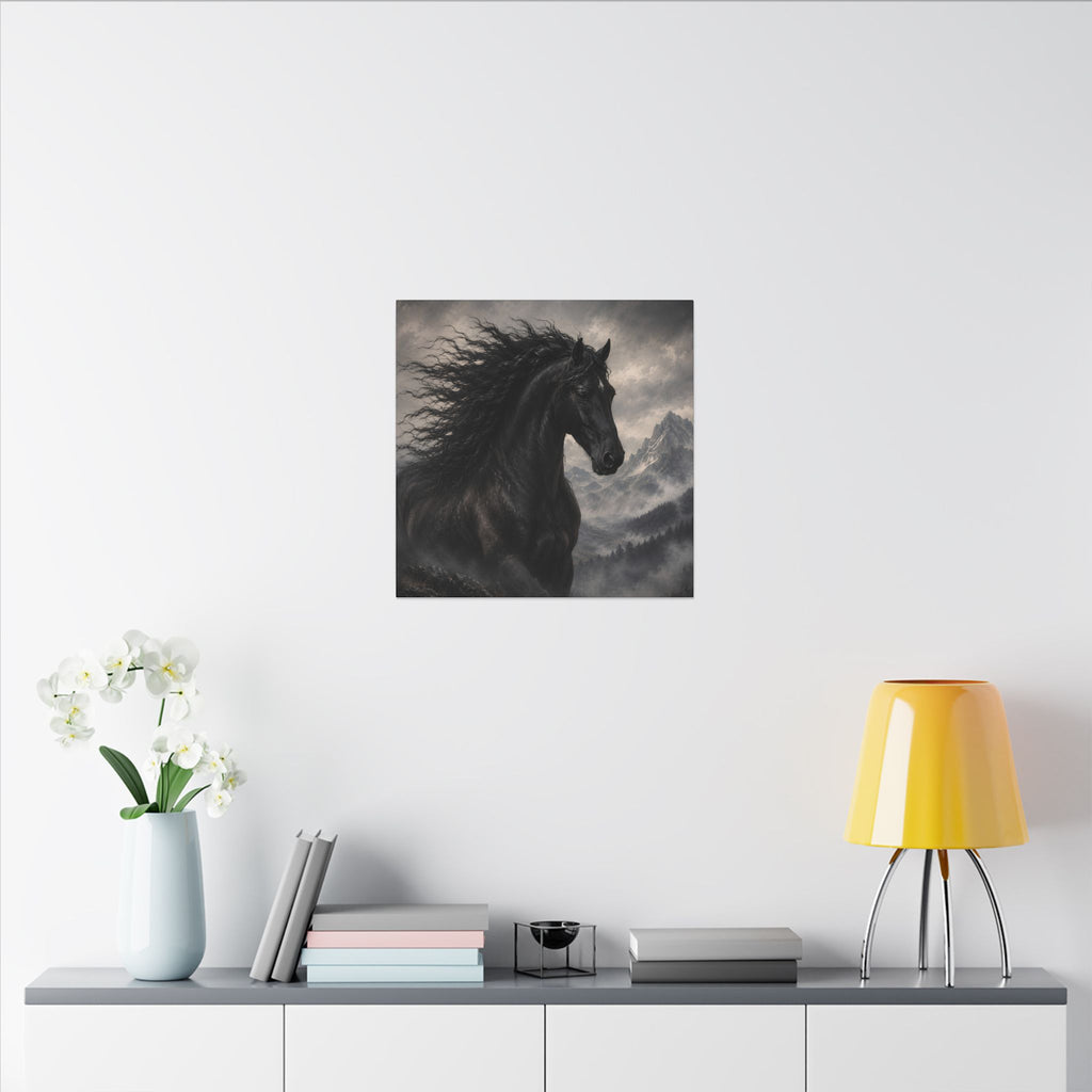 Majestic Black Horse Matte Canvas Wall Art — Dramatic Mountain Stallion Print