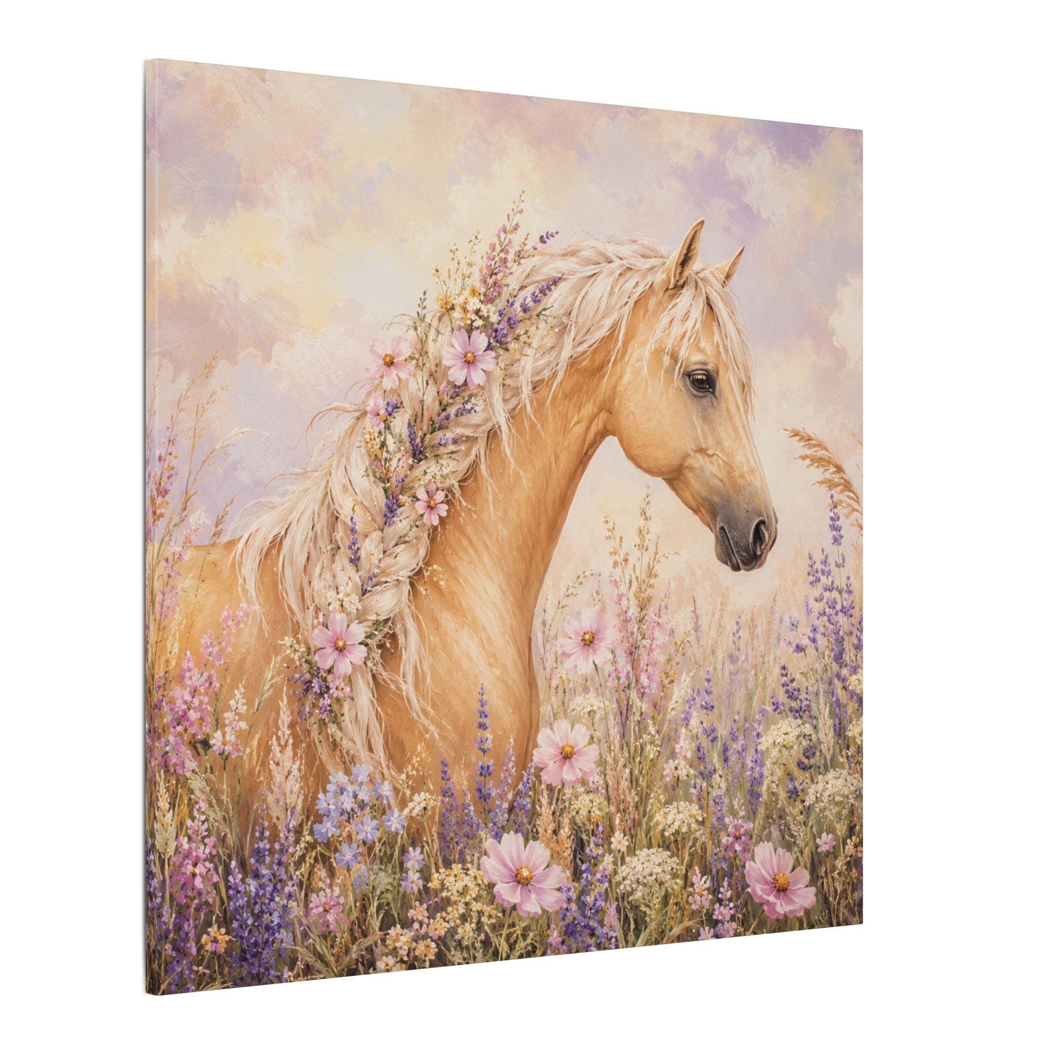 Palomino Horse Canvas Wall Art — Floral Meadow Matte Stretched Canvas