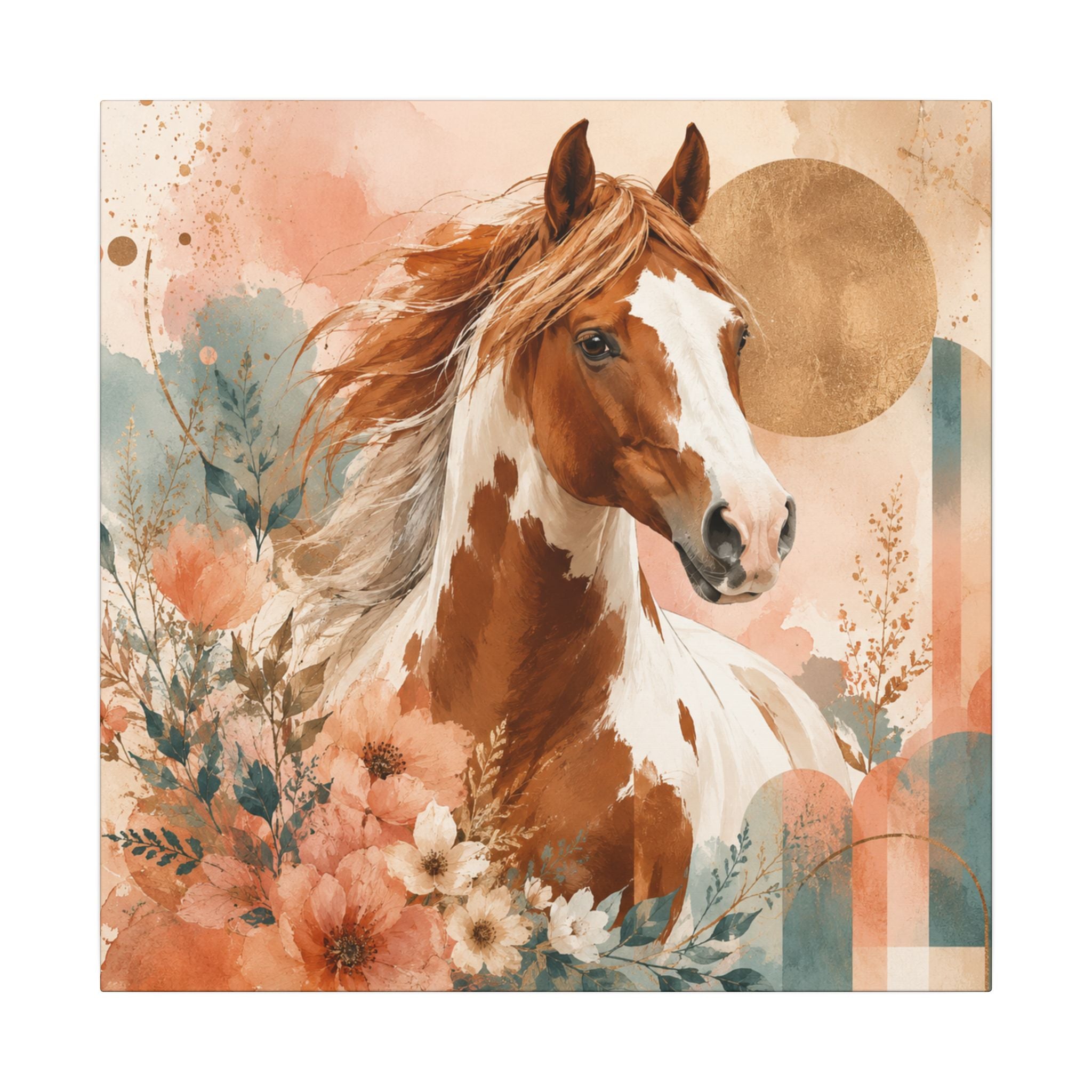 Painted Pinto Horse Canvas Wall Art — Boho Floral Equestrian Decor