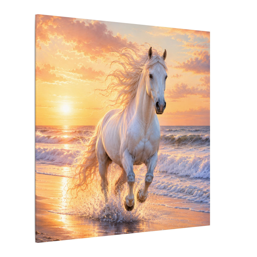White Horse on Beach Canvas Print — Sunset Seaside Wall Art