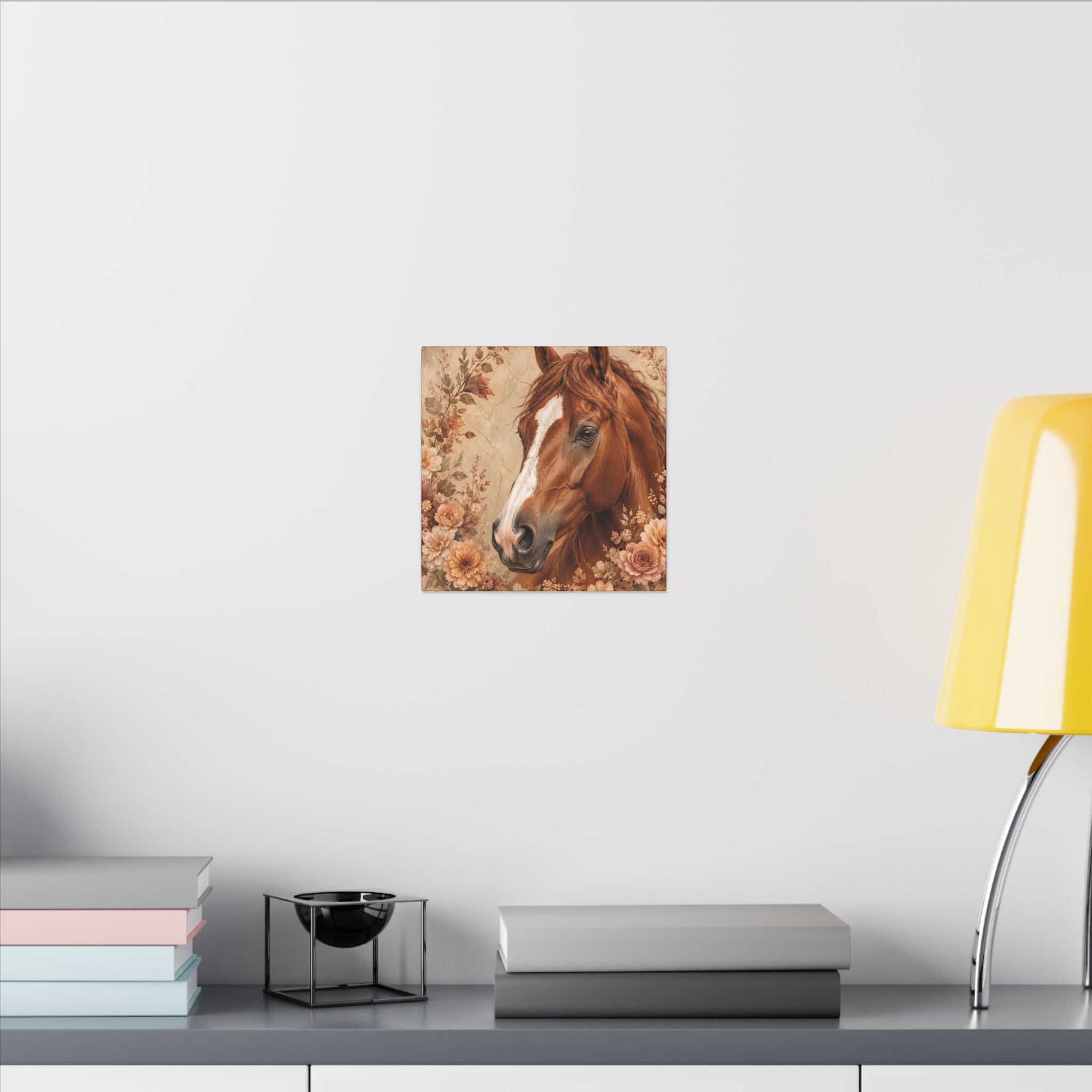 Chestnut Horse Portrait Canvas Wall Art — Floral Rustic Equestrian Decor