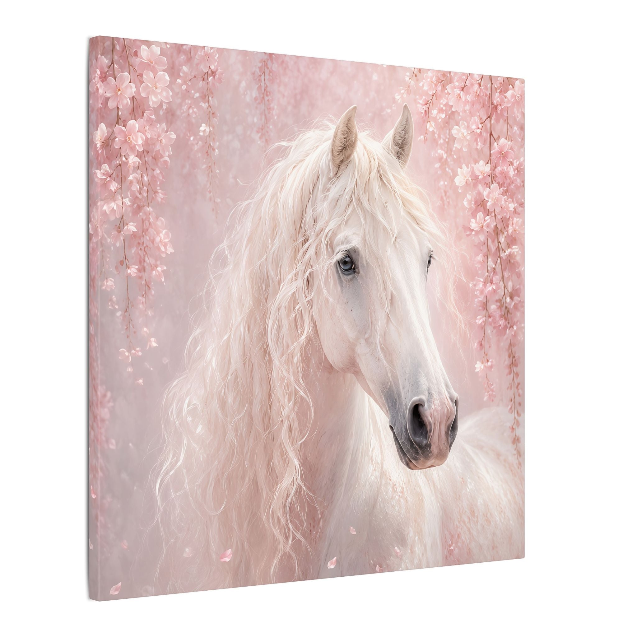 White Horse Canvas Wall Art — Romantic Pink Floral Unicorn-Style Print