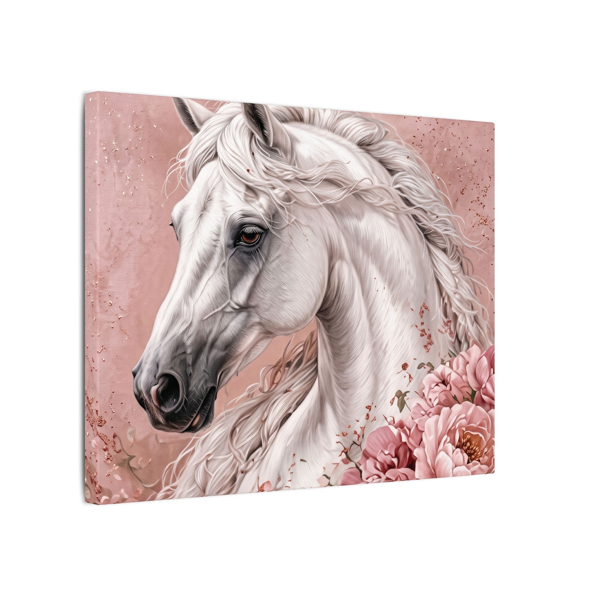 White Horse Floral Canvas Wall Art — Matte Stretched Horse Portrait