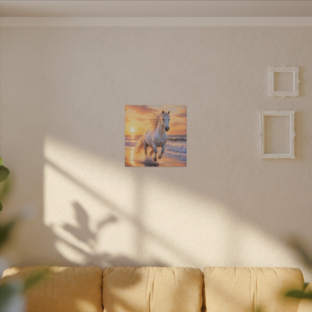 White Horse on Beach Canvas Print — Sunset Seaside Wall Art