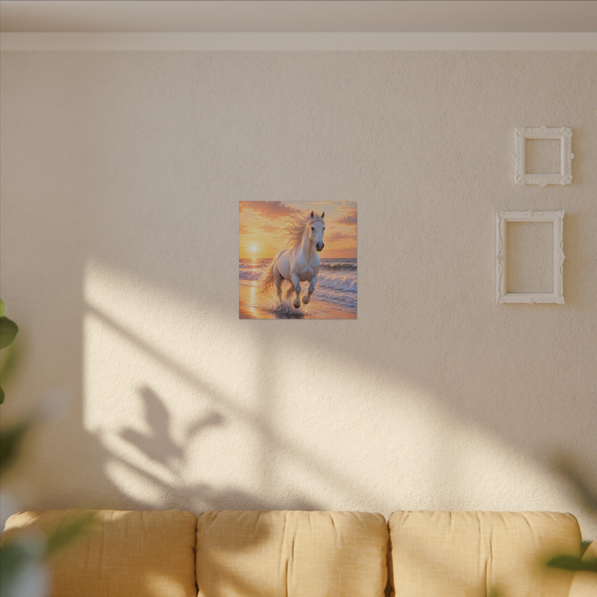 White Horse on Beach Canvas Print — Sunset Seaside Wall Art