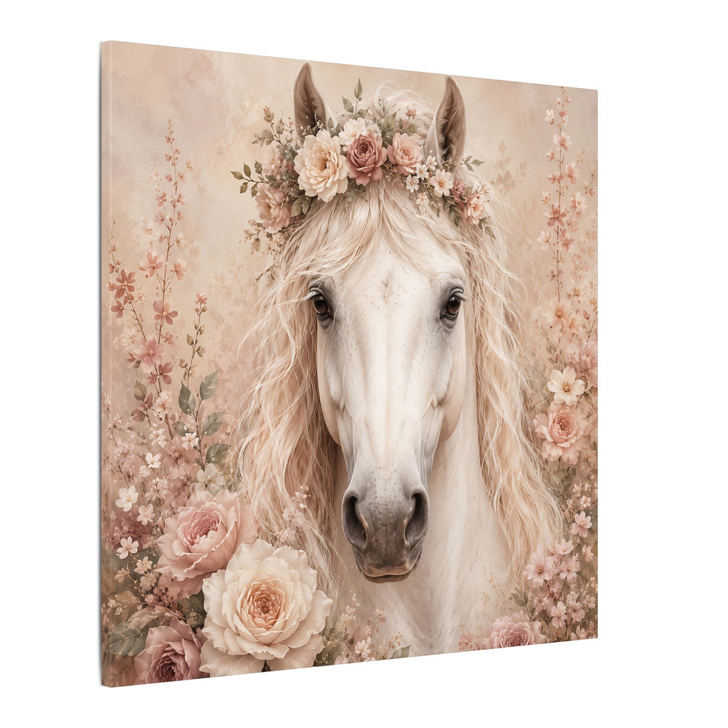 Floral White Horse Matte Canvas Wall Art
