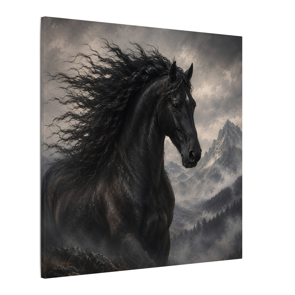 Majestic Black Horse Matte Canvas Wall Art — Dramatic Mountain Stallion Print