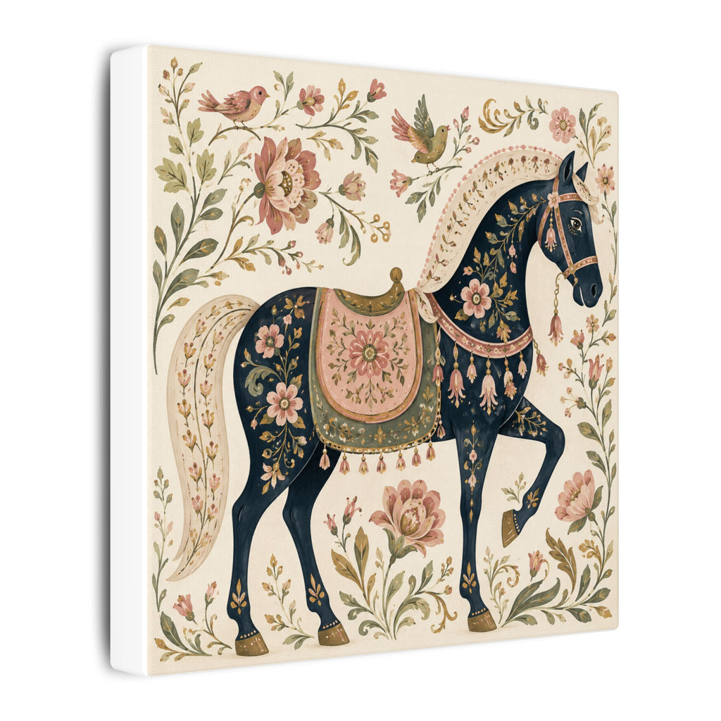 Folk Floral Horse Canvas Wall Art — Vintage Botanical Equestrian Print