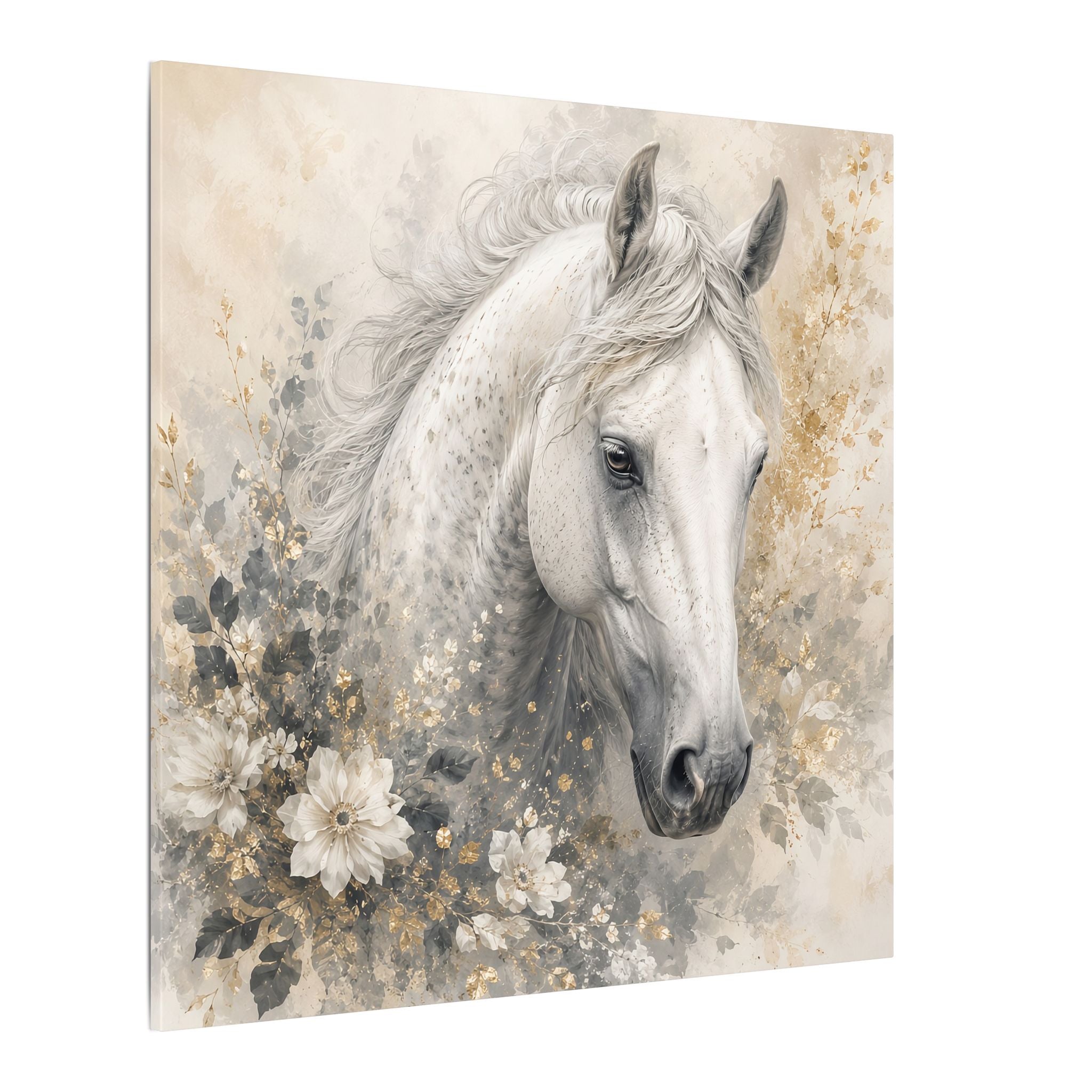 White Horse Floral Canvas Wall Art — Matte Stretched Horse Portrait