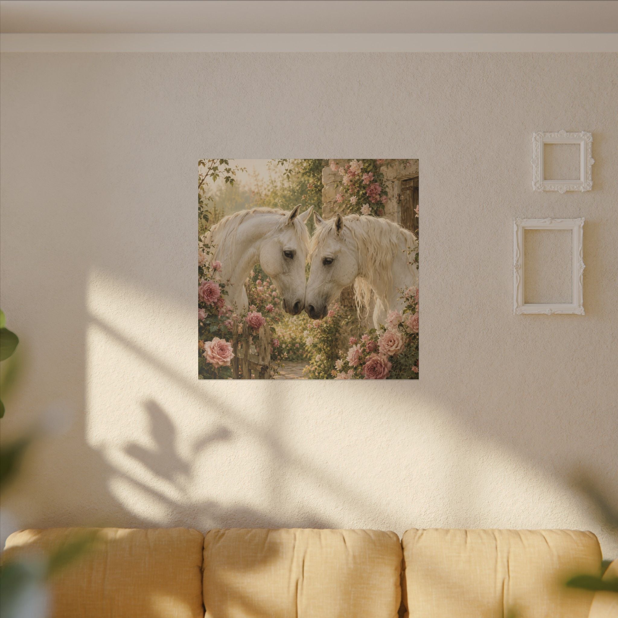 Romantic White Horses Canvas Wall Art — Floral Garden Horse Print