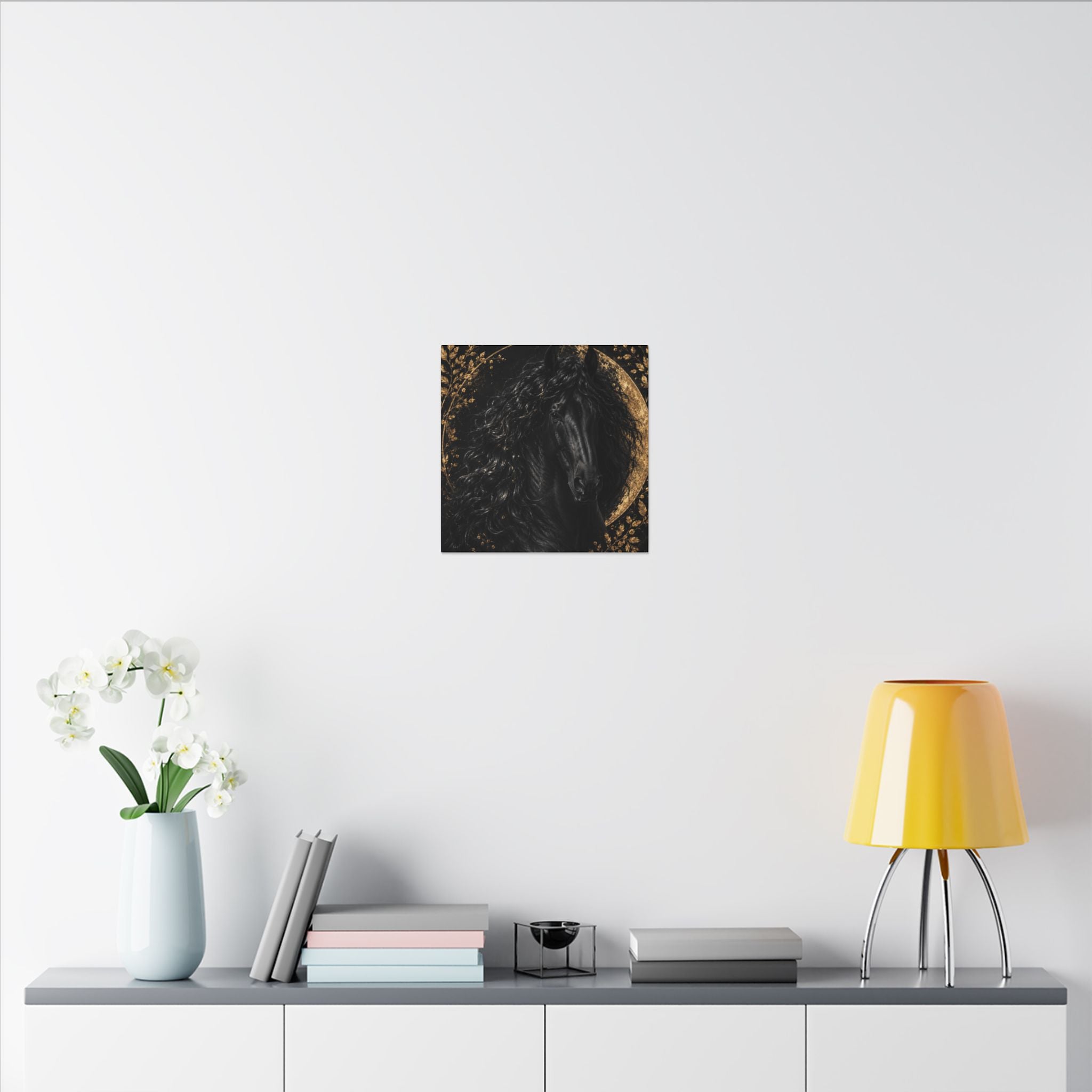 Black Stallion Canvas Print — Elegant Horse Wall Art with Gold Moon