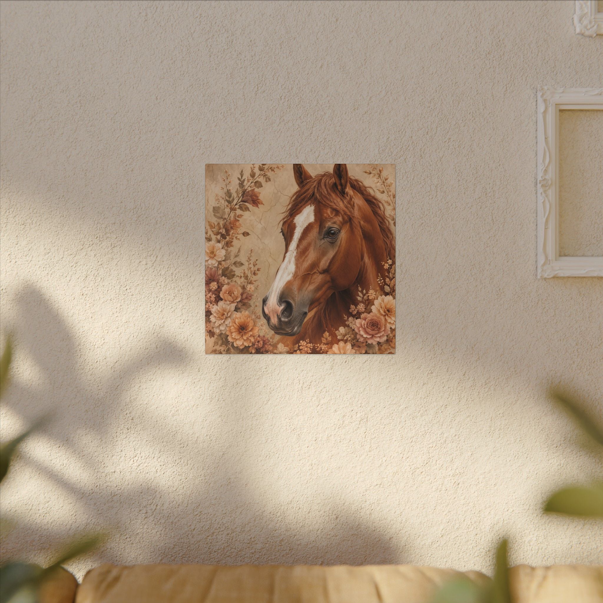 Chestnut Horse Portrait Canvas Wall Art — Floral Rustic Equestrian Decor