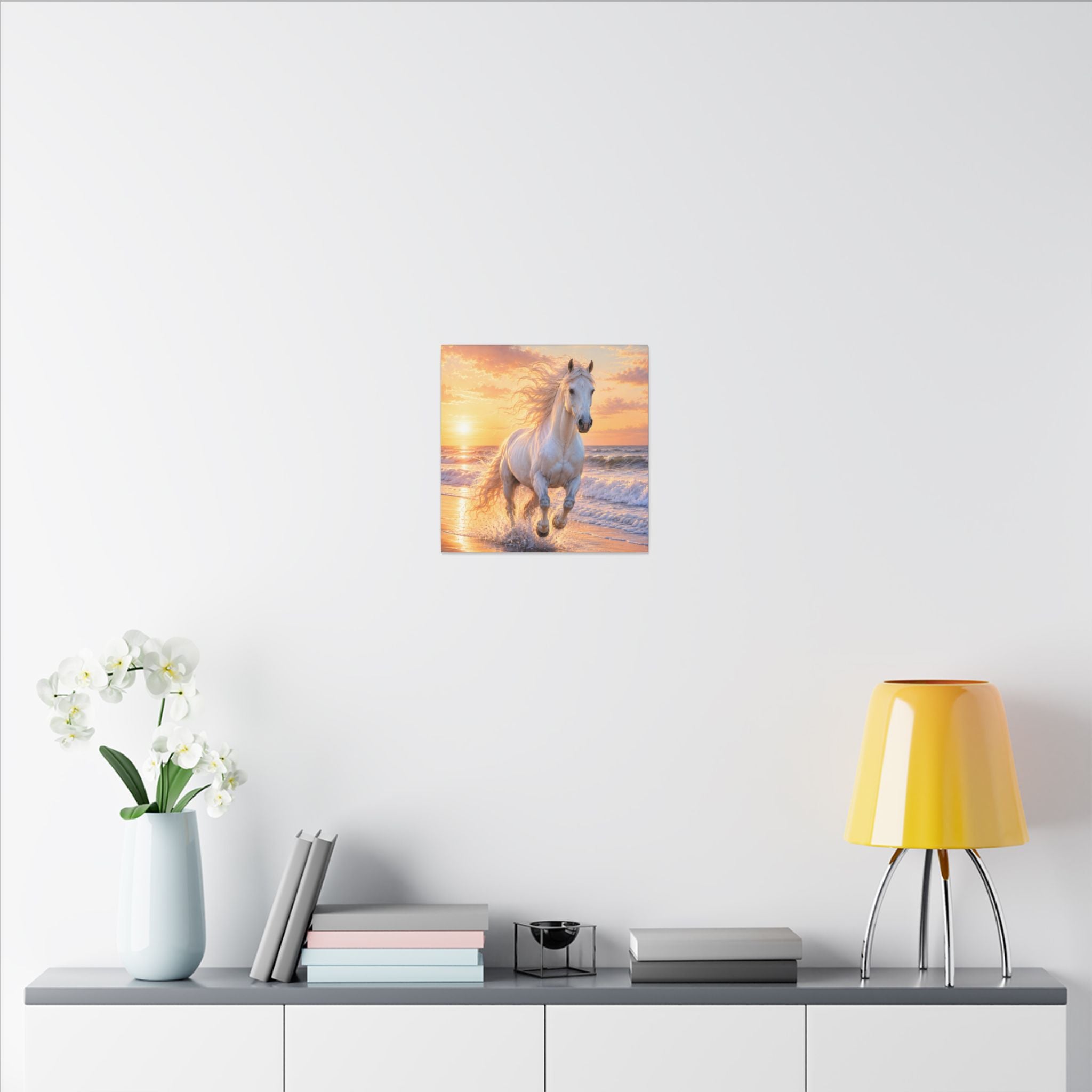 White Horse on Beach Canvas Print — Sunset Seaside Wall Art