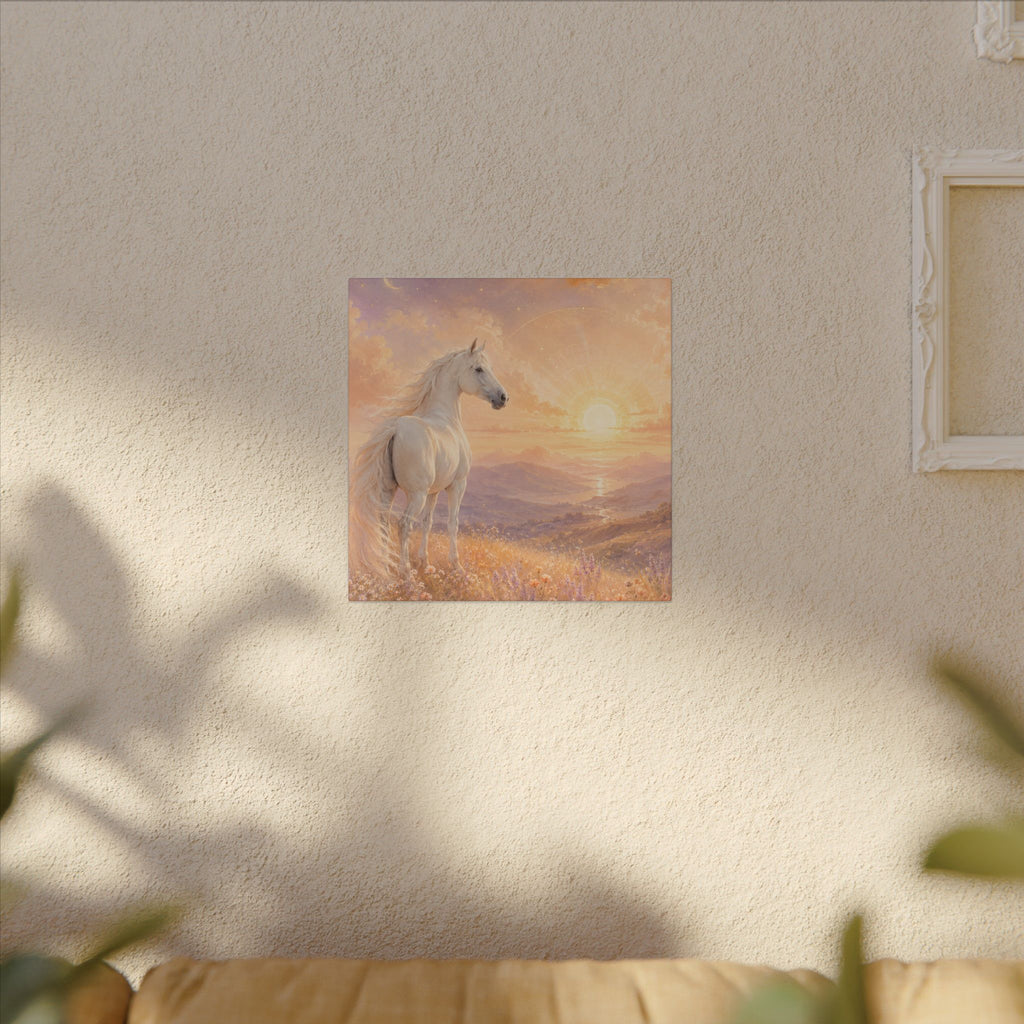 Equine Sunrise Matte Canvas Wall Art — White Horse Fantasy Landscape