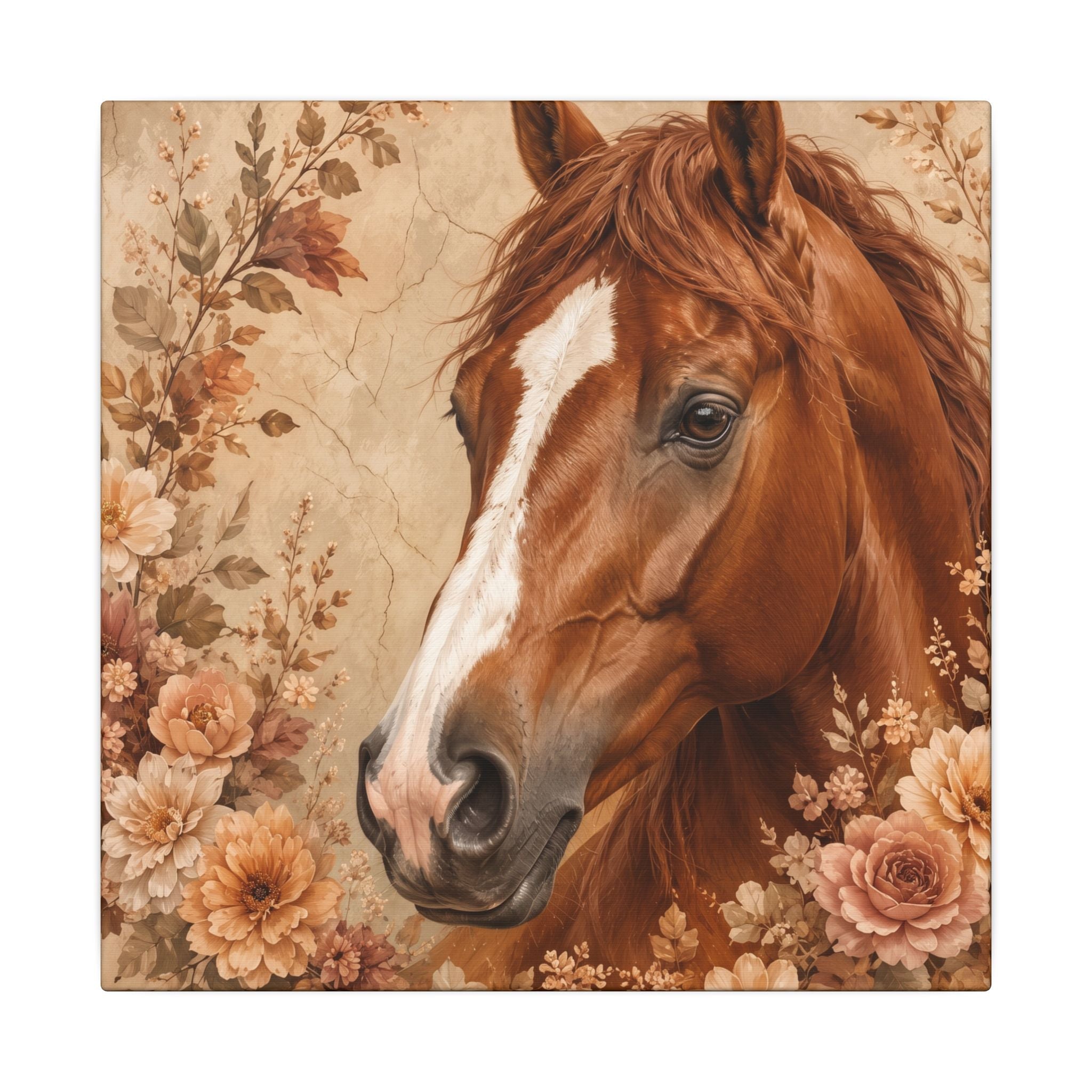 Chestnut Horse Portrait Canvas Wall Art — Floral Rustic Equestrian Decor