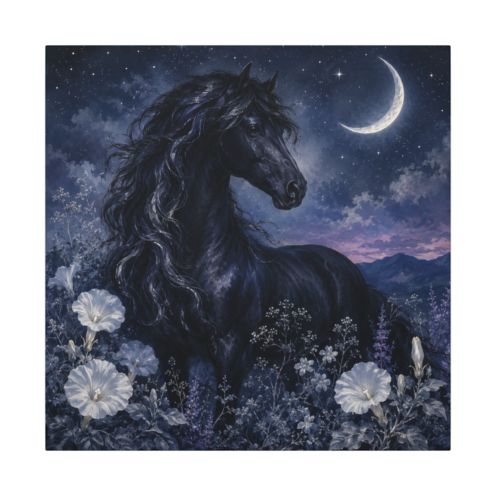 Midnight Stallion Canvas — Black Horse Moonlit Wall Art